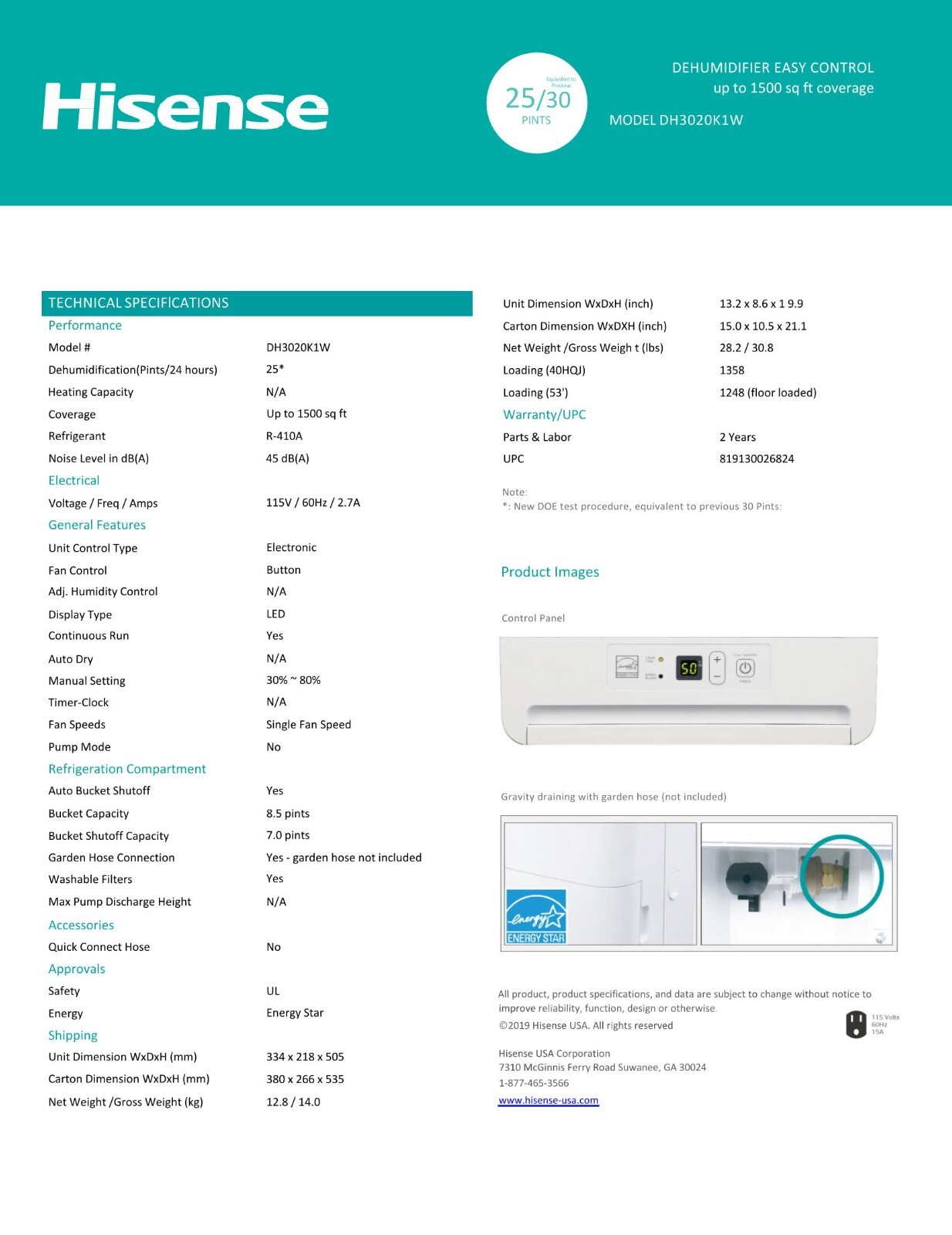 Hisense 25 Pint, 1,500 sq. ft. Coverage, Continuous Gravity Draining