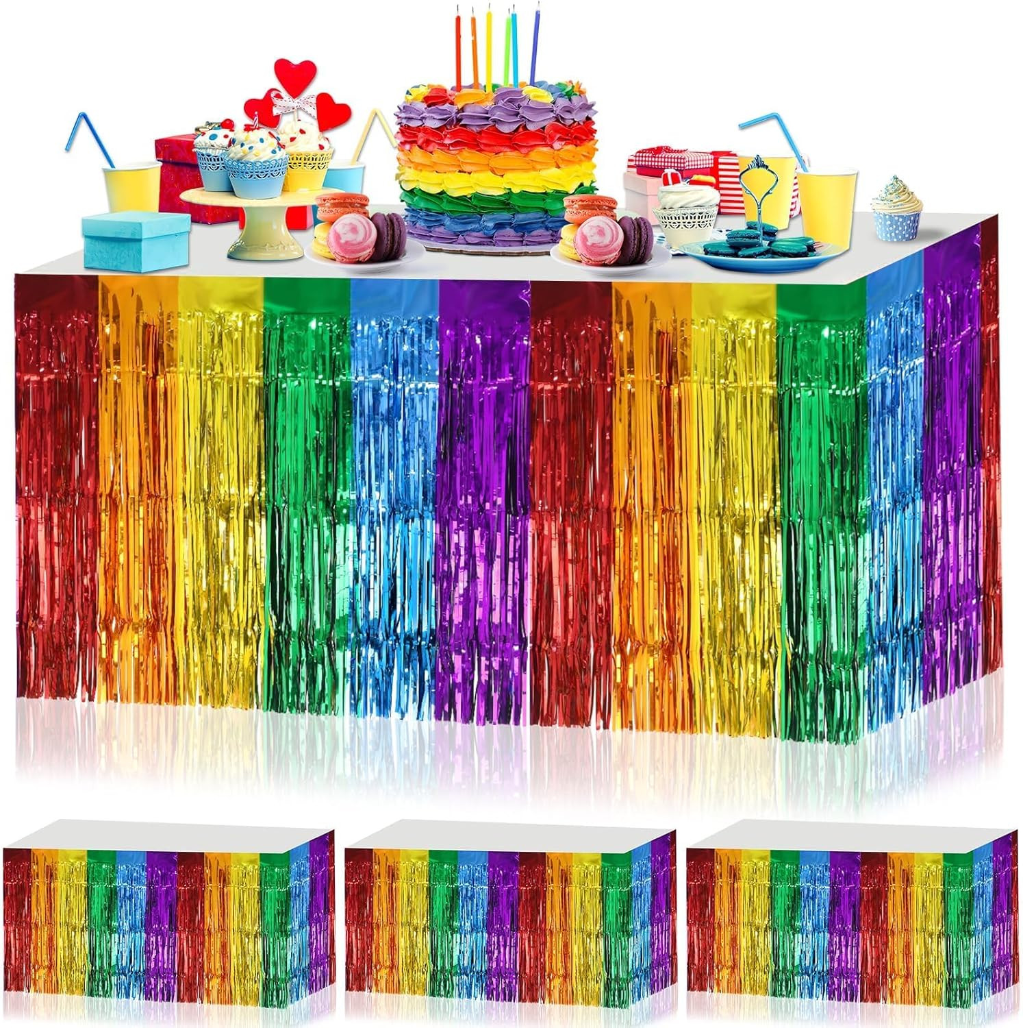 4 Pack Pride Rainbow Table Skirts, 30X108 Inch Metallic Foil Fringe Table Skirts