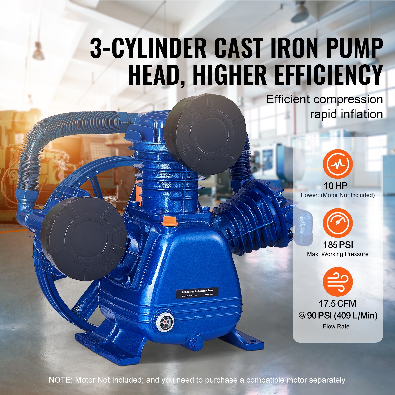 VEVOR Air Compressor Pump Head 10HP 17.5CFM @ 90PSI 3-Cylinder Piston Pump Head