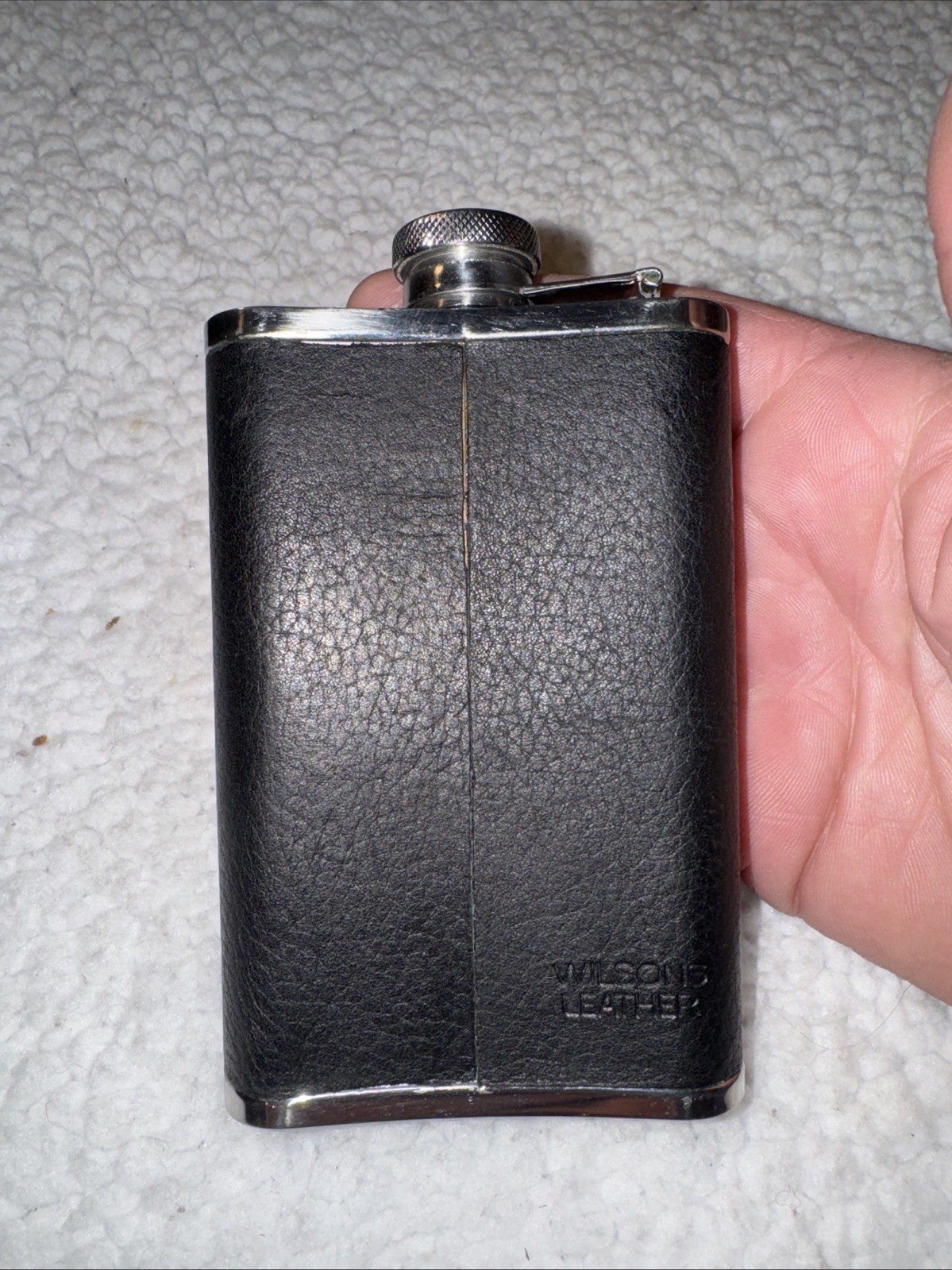Wilsons Leather Wrapped Flask. Black Stainless Steel 18-8 3 1/2oz VG Con.
