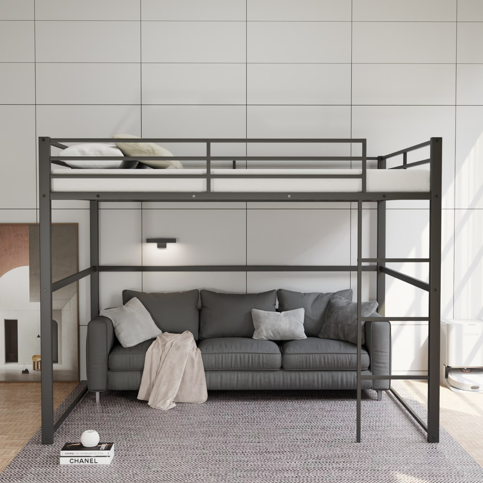 Full Metal Loft Bed w/Safety Rails+Ladder for Kids/Teens/Adults Space-Saver