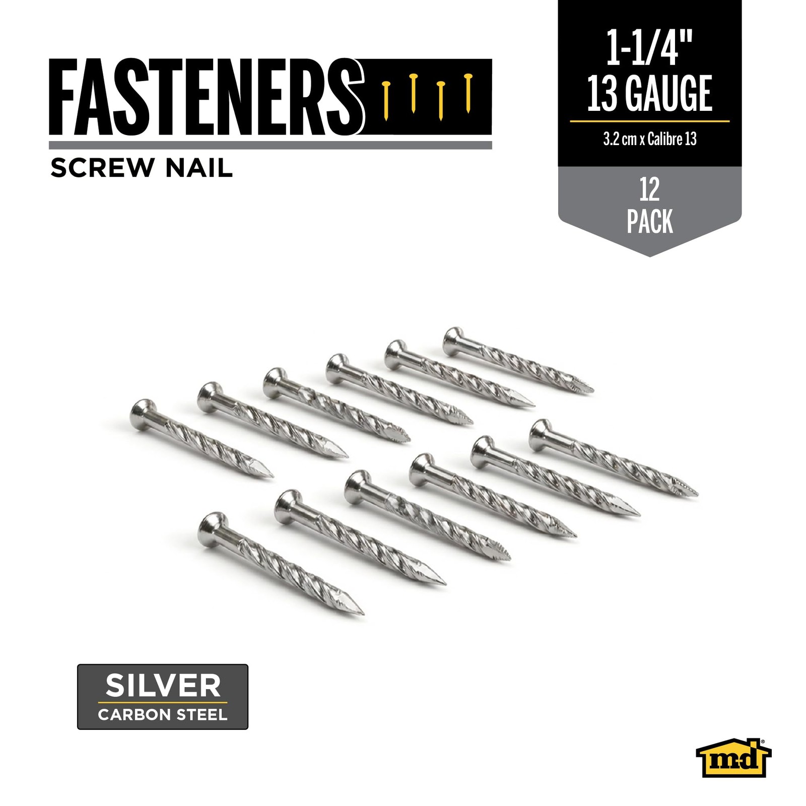 M-D Building 12 Count Metal Screw Nails, 1-1/4 Inch, Carbon Steel, Silver Finish