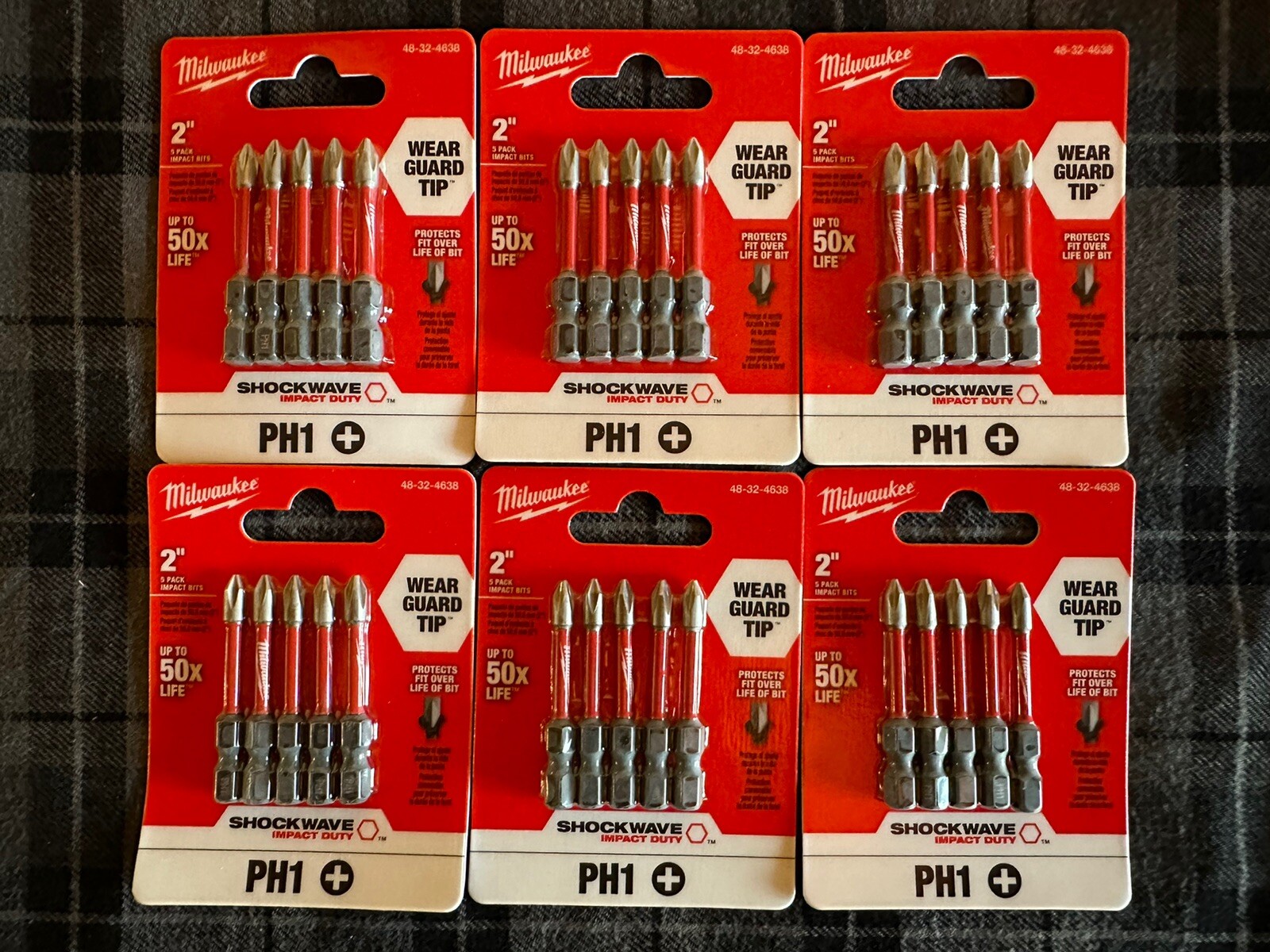New Lot Of 6 Milwaukee Shockwave Impact Duty Phillips Bits 2″ PH1 -30 Bits Total