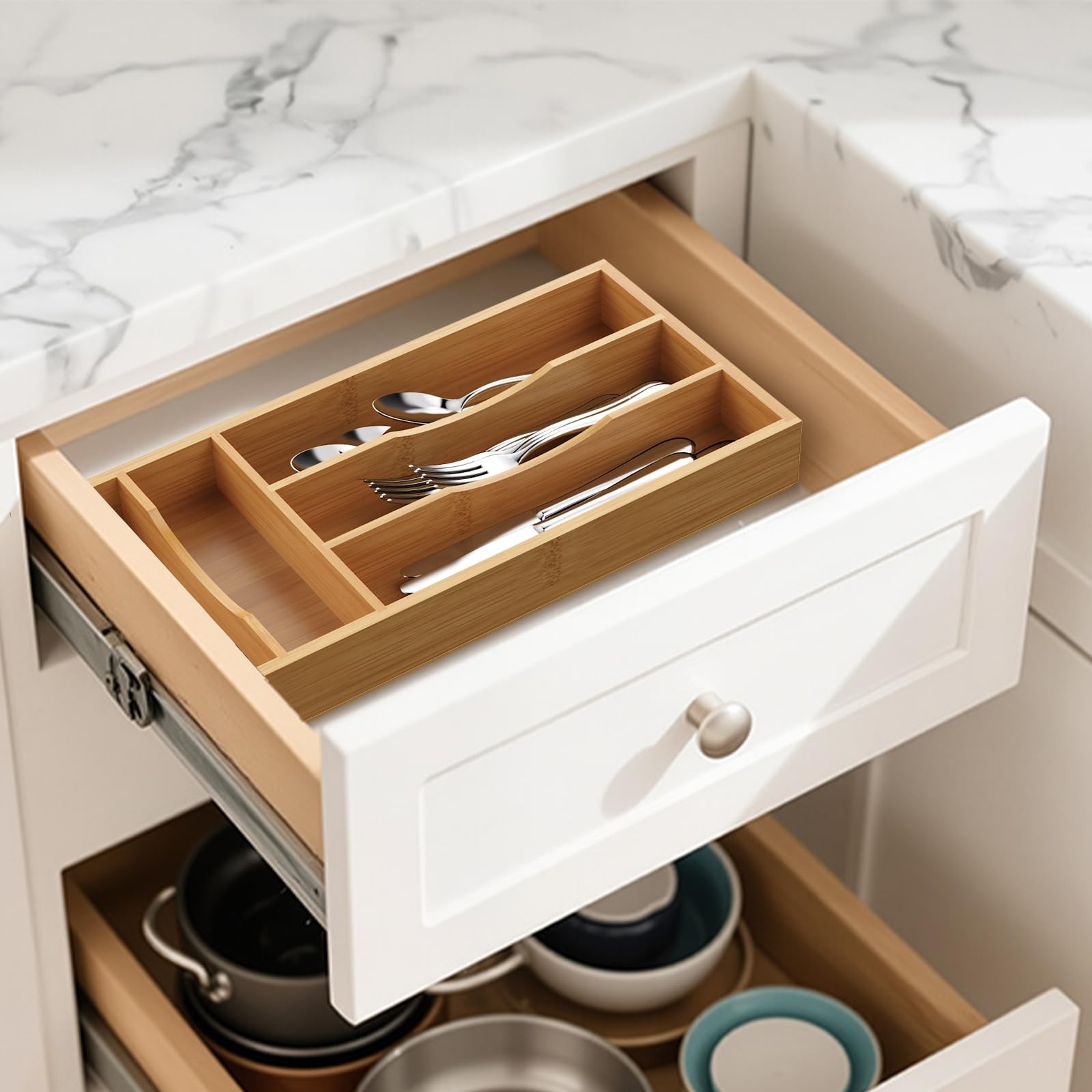 Bamboo Silverware Organizer for Kitchen Drawer Cutlery Utensil Tray 6.7×14.2 in.