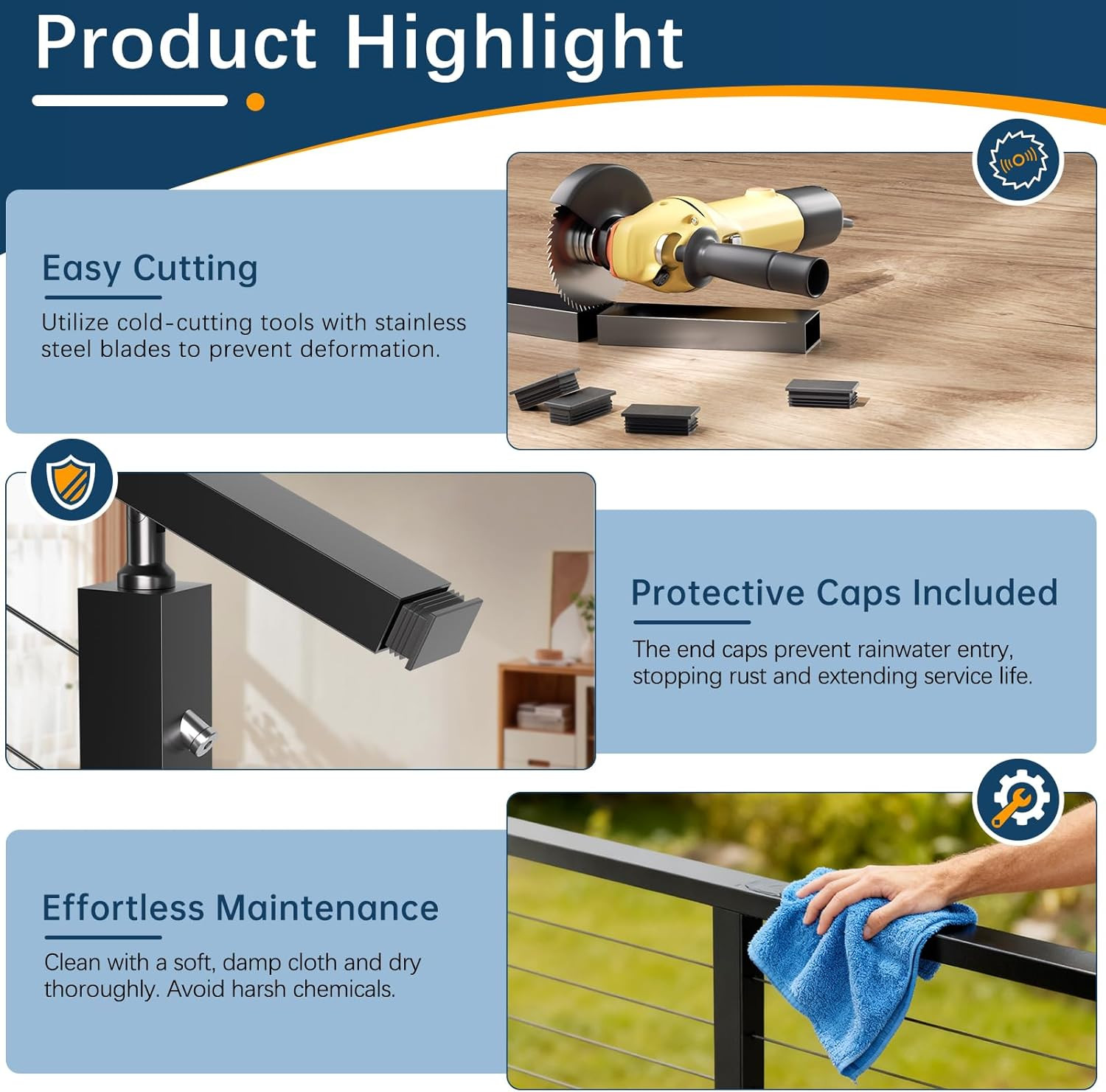8Ftx2Inx1In Black Cable Railing Handrail 2 Pack, Stainless Steel T304 Rectangula