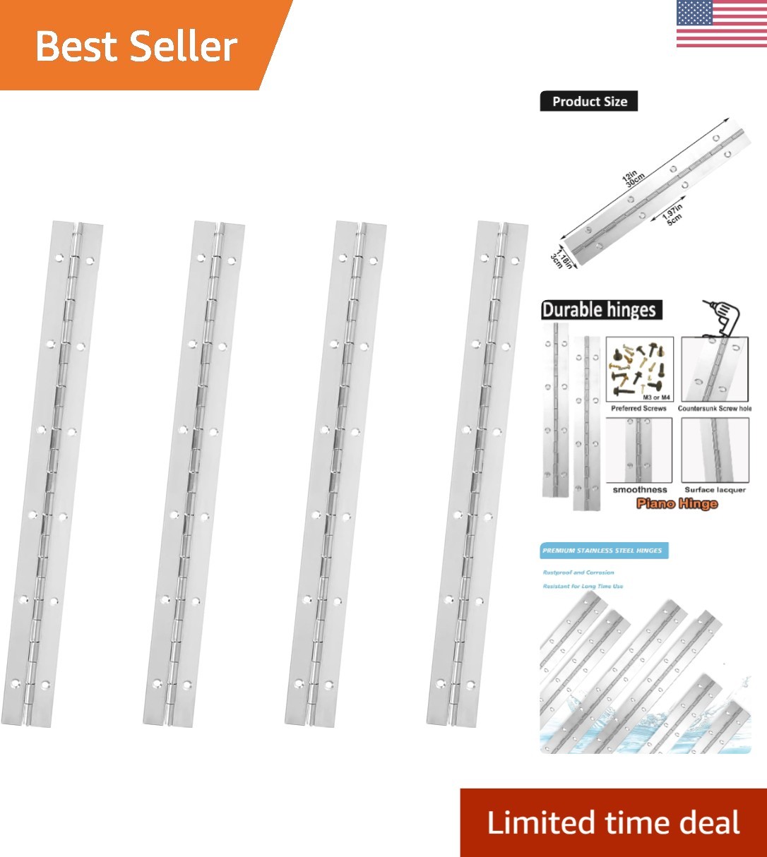 Polished Stainless Steel Piano Hinges – 12 Inch, 4 Pack for Easy Installation