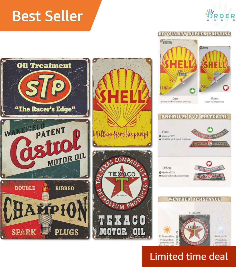 Vintage Garage Signs 5PCS PVC Retro Wall Decor Car Oil Gas Station Theme