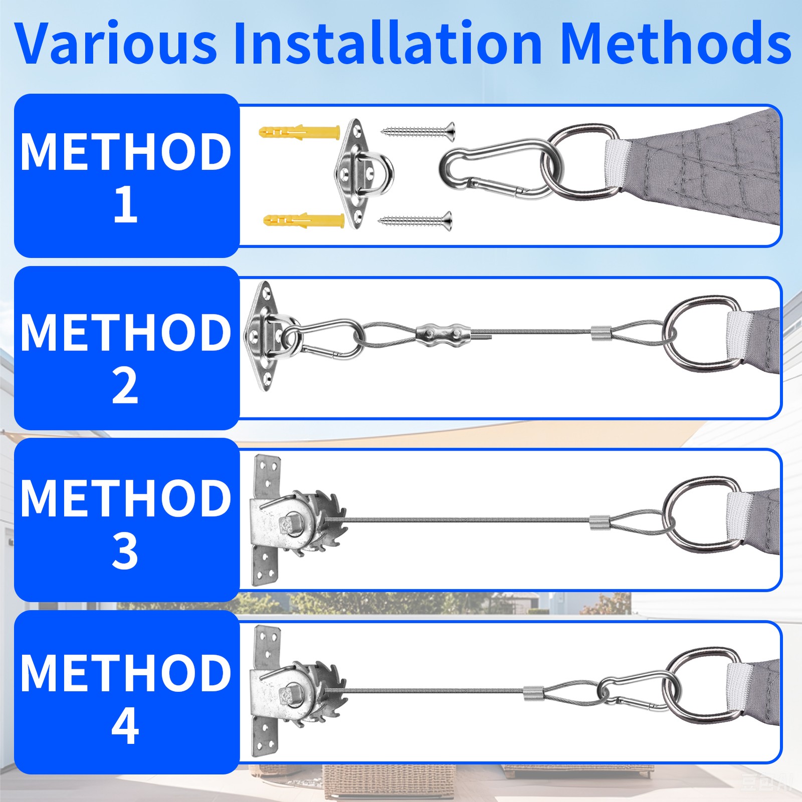Hardware Kit for Sun Shade Sail Triangle Rectangle Installation Wire Rope Set