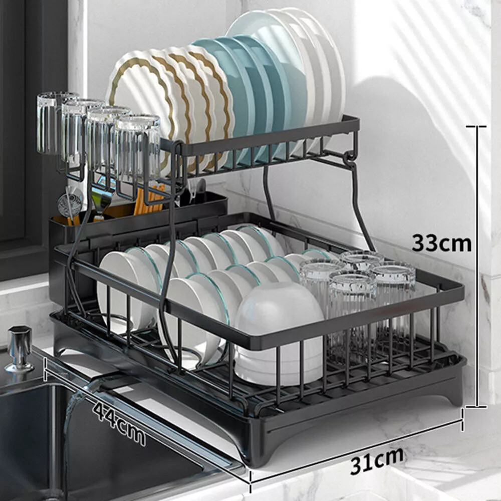 2 Tier Over The Sink Dish Drying Rack Stainless Steel Kitchen Dish Drainer Black