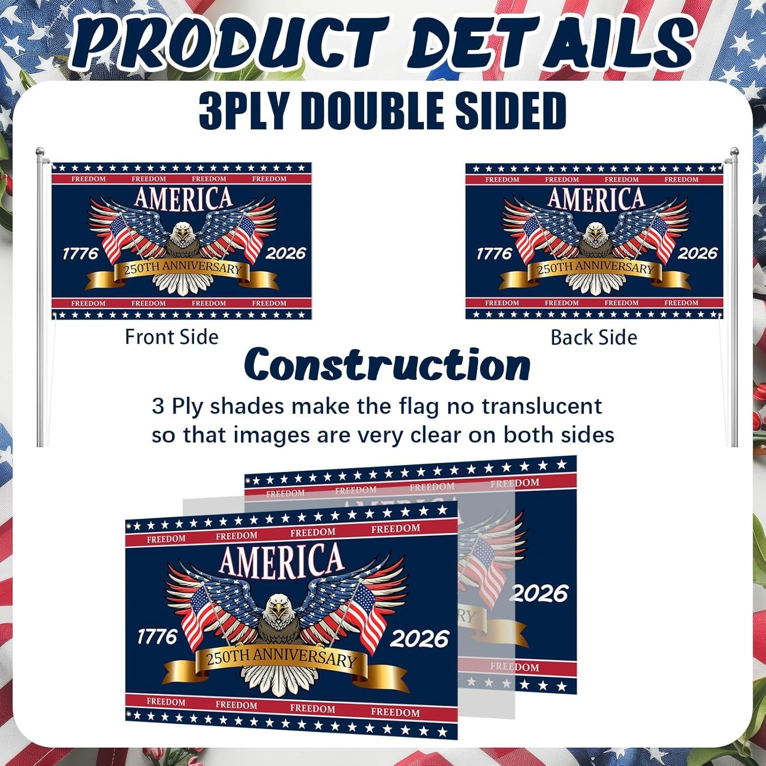 3 Ply 250 Years America Flag – Double Sided Patriotic Eagle 3 X 5 Ft Anniversary