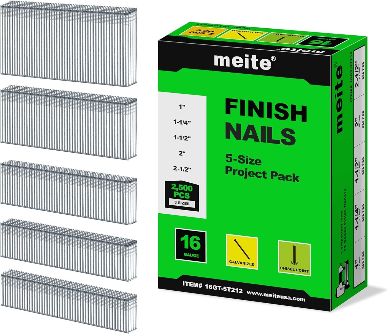 meite 16 Gauge Straight Finish Nails 2500-Count (1″, 1-1/4″, 1-1/2″, 2″, 2-1/2″)