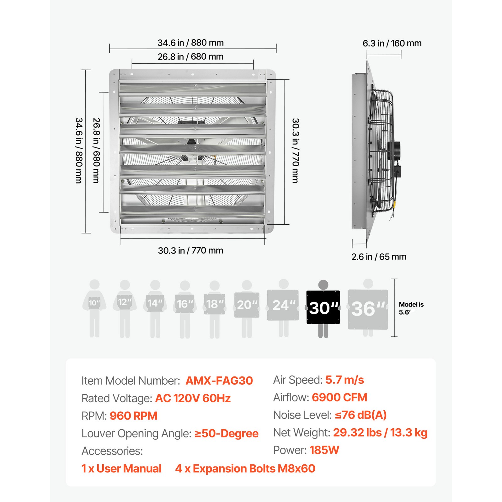 Uimoso 30 in Wall-Mounted Shutter Exhaust Fan, 6900 CFM for Sheds
