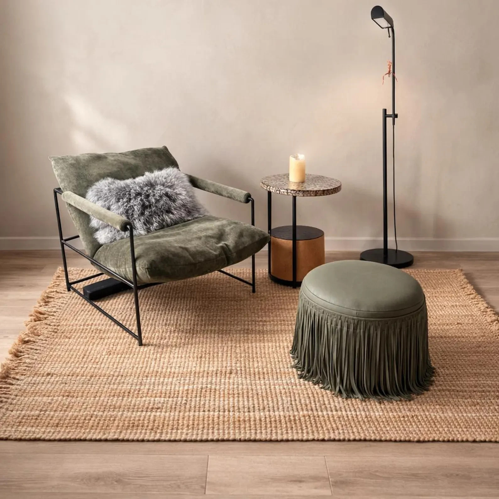Premium Real Leather Suede Ottoman Pouf with Western Fringe Living Room Hall Roo