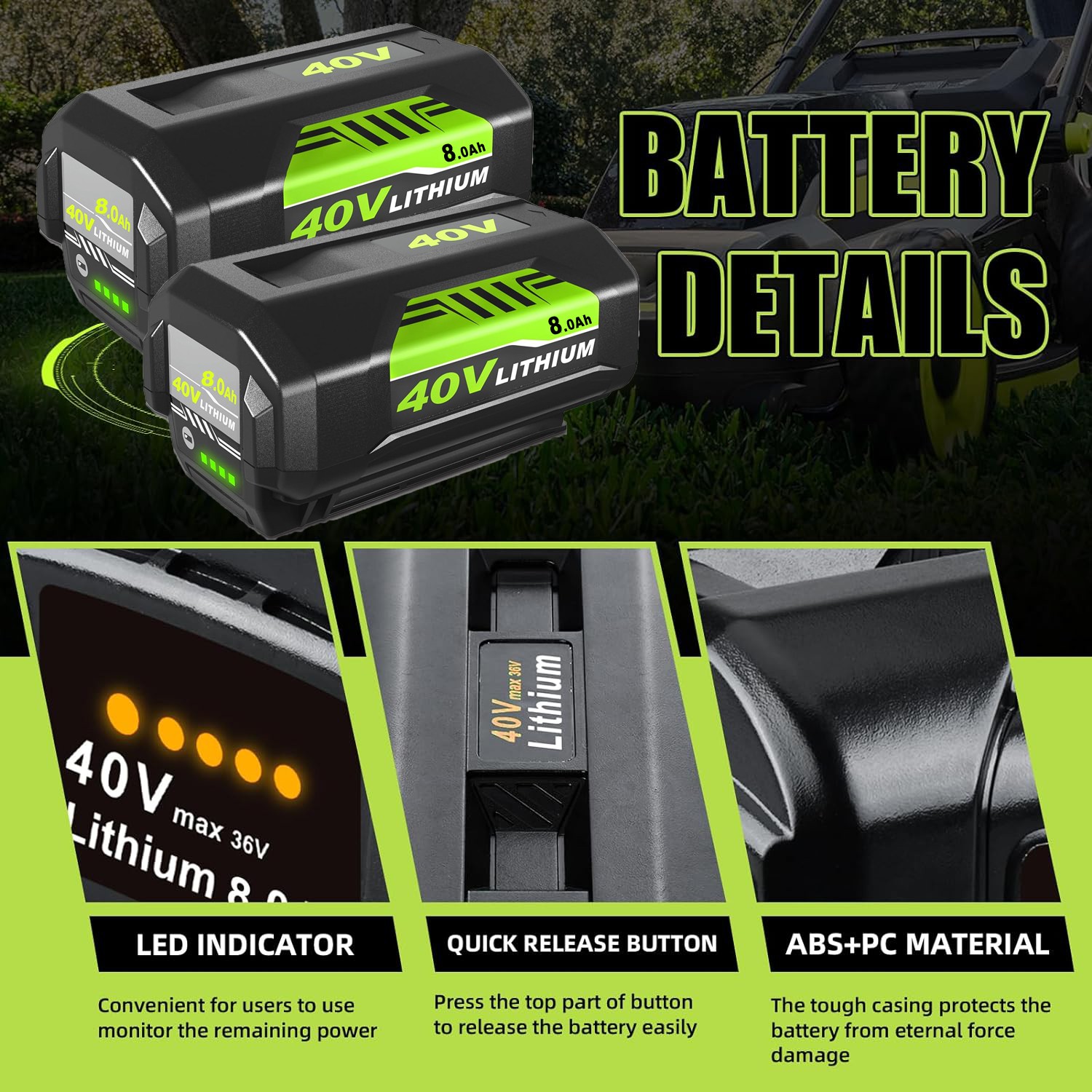 2PCS 8.0Ah Battery For Ryobi 40V Lithium OP4050 OP40602 High Capacity Battery