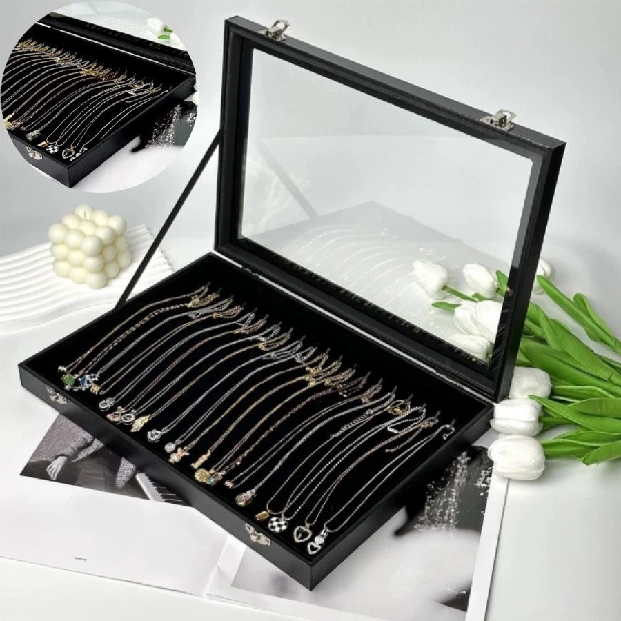 20 Hook Black Velvet Necklace Organizer Box Necklace Holder Tray with Clear Lid
