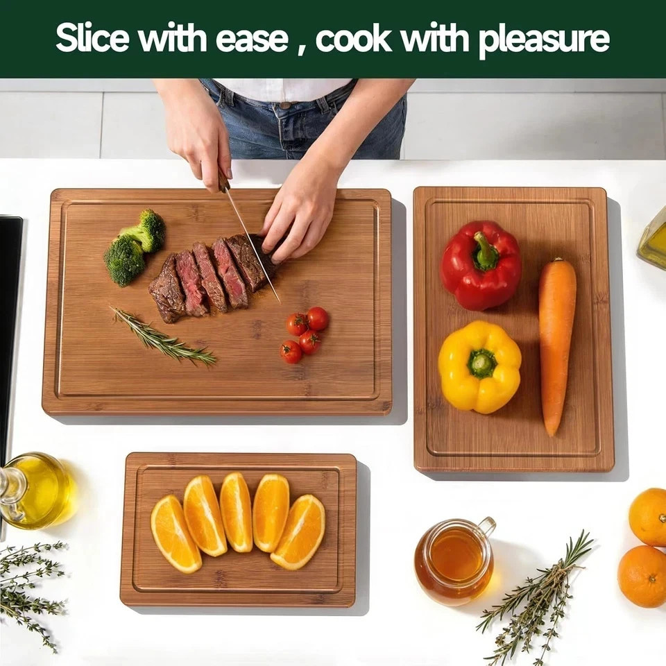 Cutting Board Bamboo for Kitchen Crack Resistant Wood Chopping Boards Set 3Piece