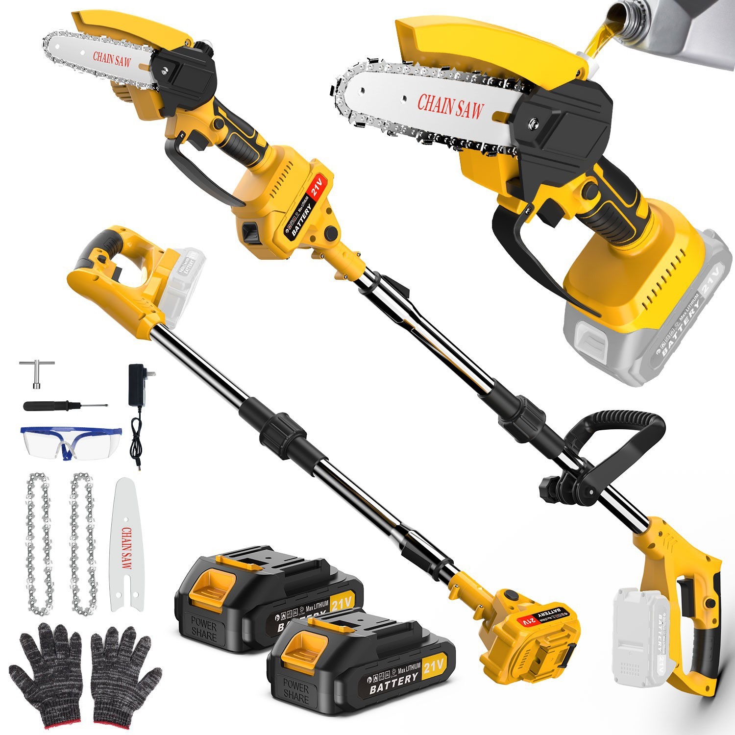 Cordless Pole Saw, Brushless Mini Chainsaw with Pole With 2 Pack 21V Batteries