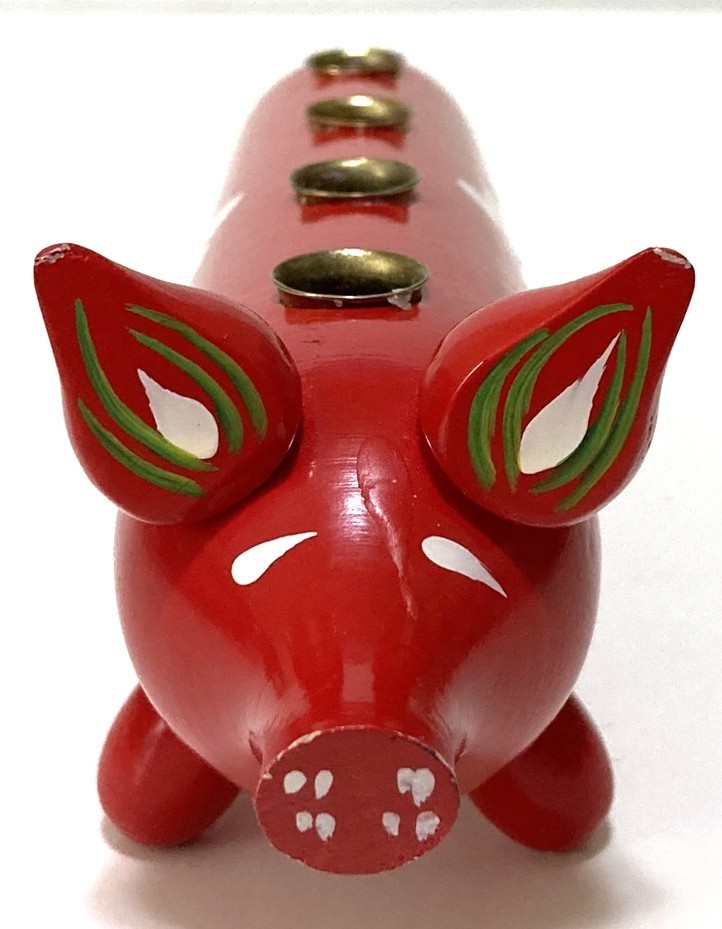 Red Wooden Pig Candle Holder 7.75″L Sweden Hand Painted Flowers Folk Art