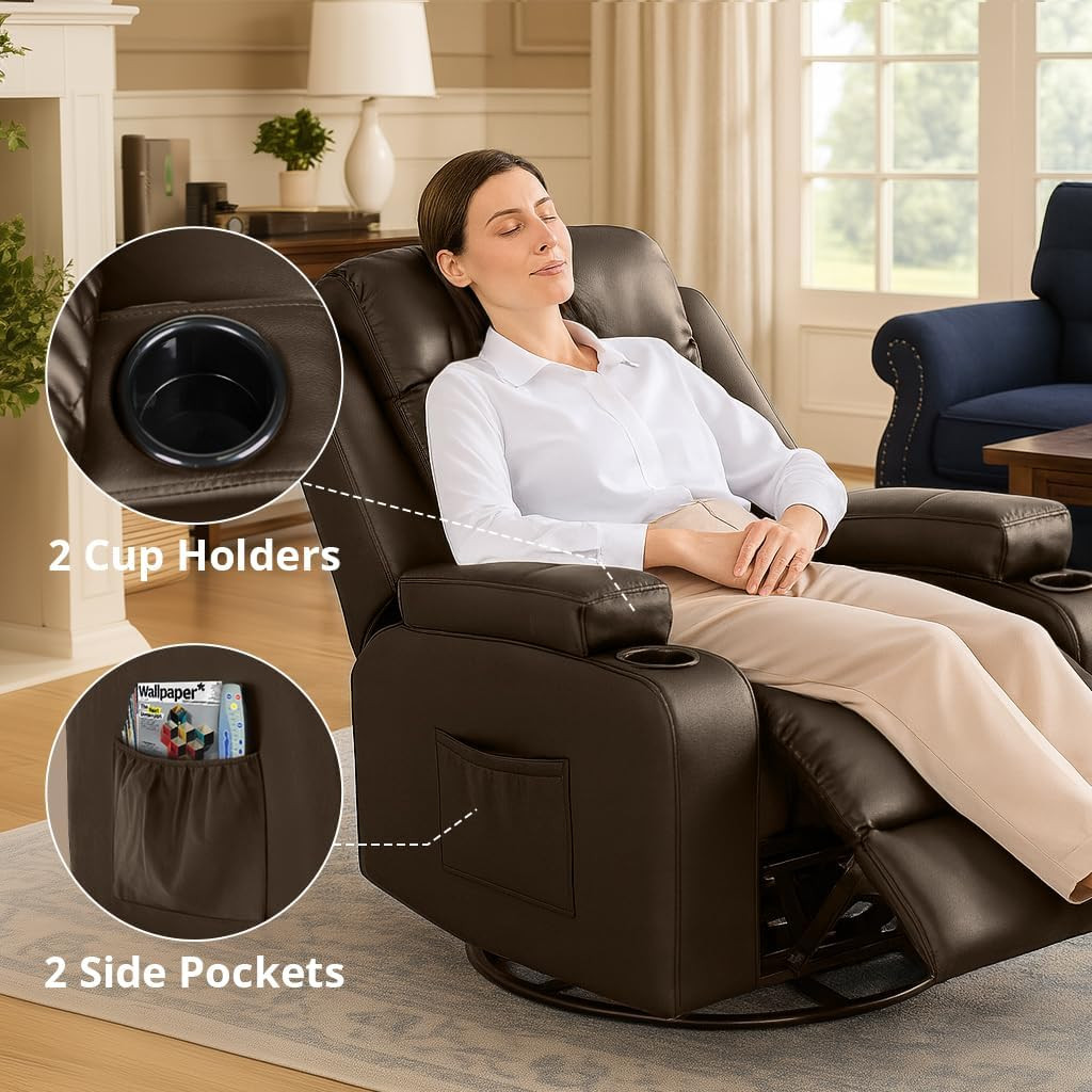 Brown Swivel Recliner Chair with Cup Holders & Side Pockets for Living Room