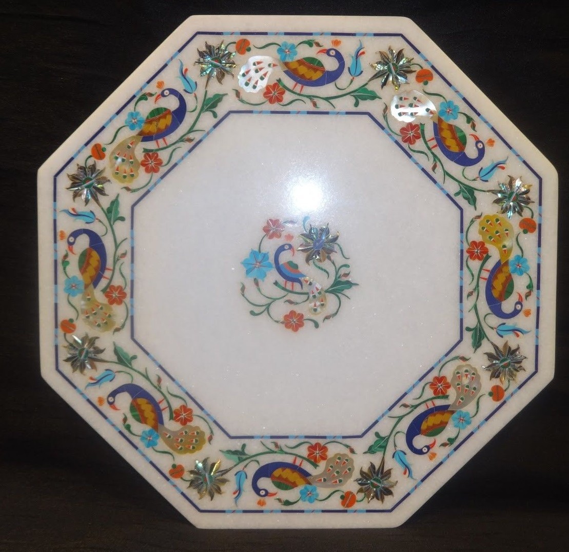 12″ Table Top White Marble Semi Precious Stones Inlay Handicraft Decor