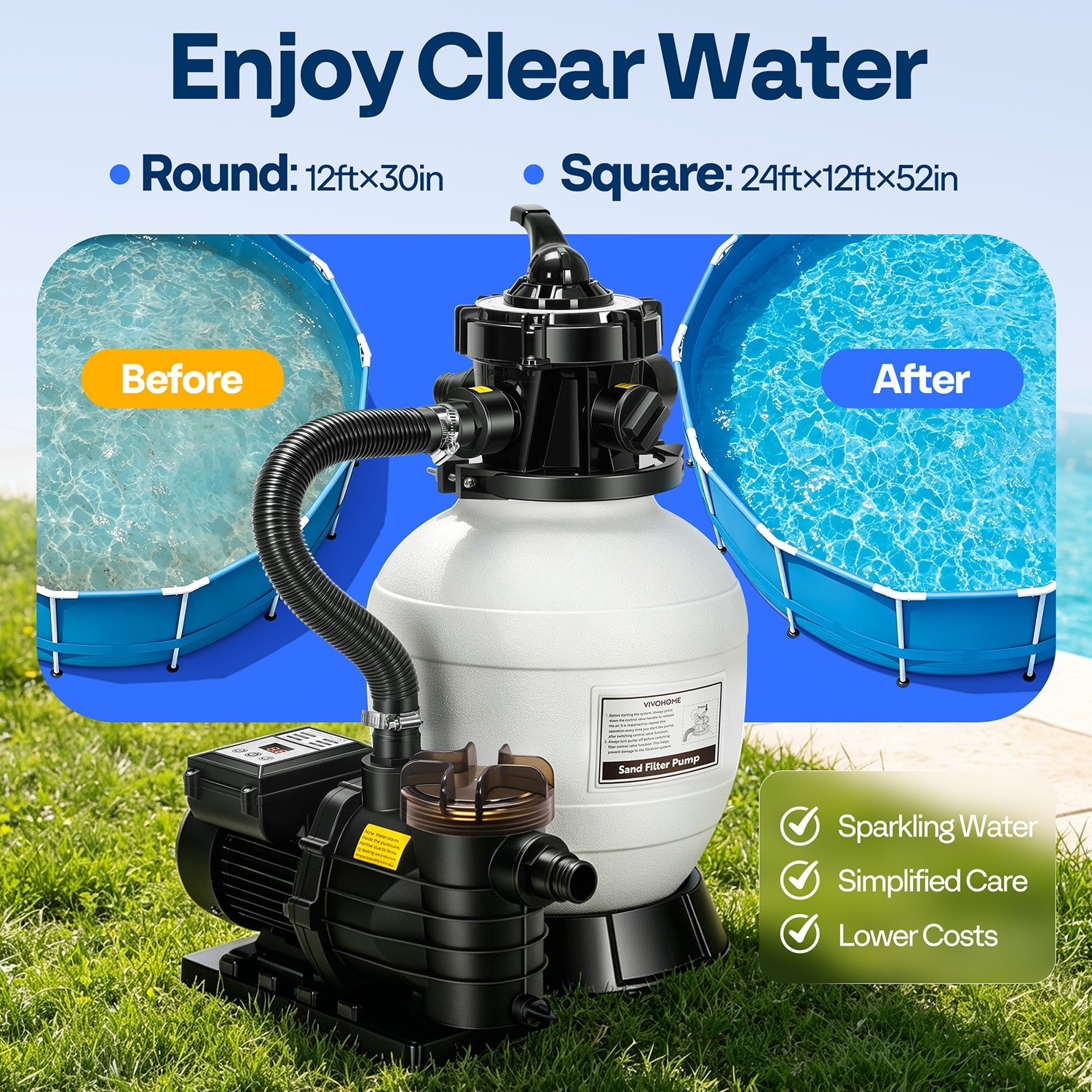 12/13in Sand Filter Pump In/Above Ground Pool System 7-Way w/ Timer 2087/2640GPH