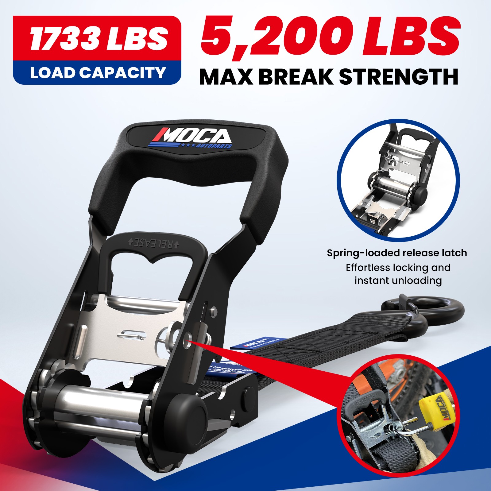 Heavy Duty Ratchet Tie Down Straps W/ Lock, 5200Lbs Breaking Strength 1.6″ x 8ft