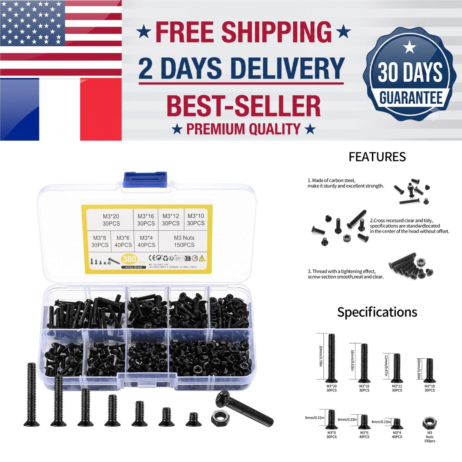 M3 Flat Head Machine Screws & Hex Nuts Kit – 380 Pcs Black Assortment