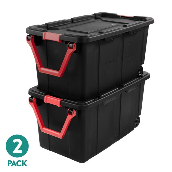 40-Gallon Wheeled Industrial Storage Bin w/ Latching Lid & Pull Handle, 2 Pack