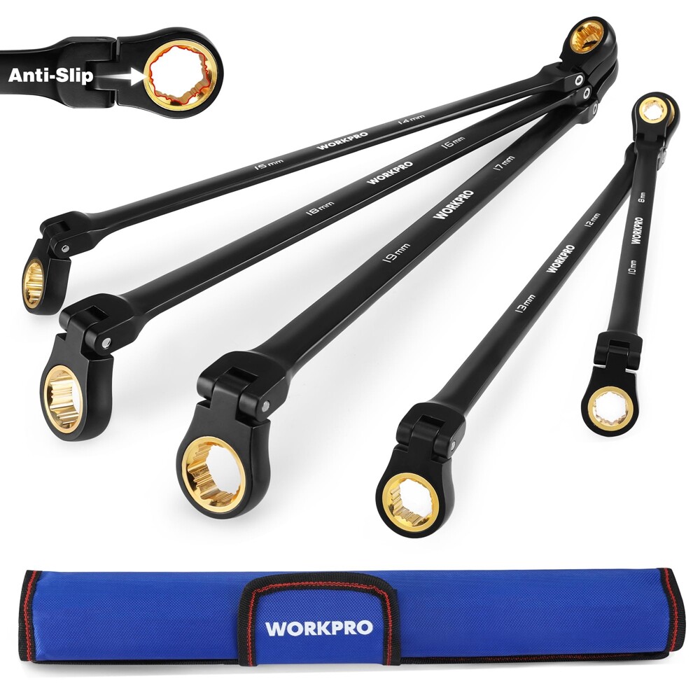 WORKPRO 5PCS Extra Long Ratcheting Wrench Set 8-19mm Combination Metric 72-Teeth