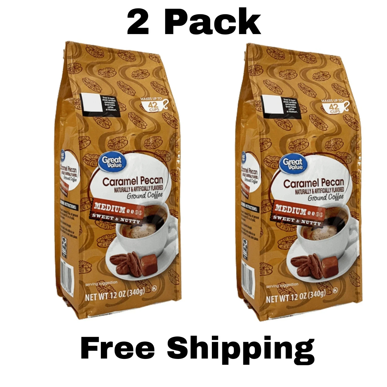 (PACK OF 2) Great Value Caramel Pecan Ground Coffee, 12 oz