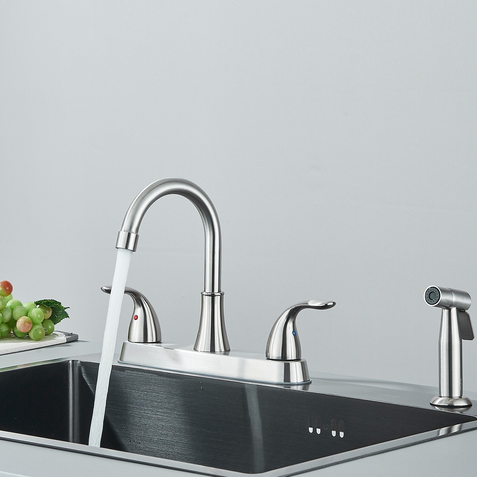 Brushed Nickel Kitchen Faucet 2Handle 4 Hole Sink Mixer Faucet with Side Sprayer