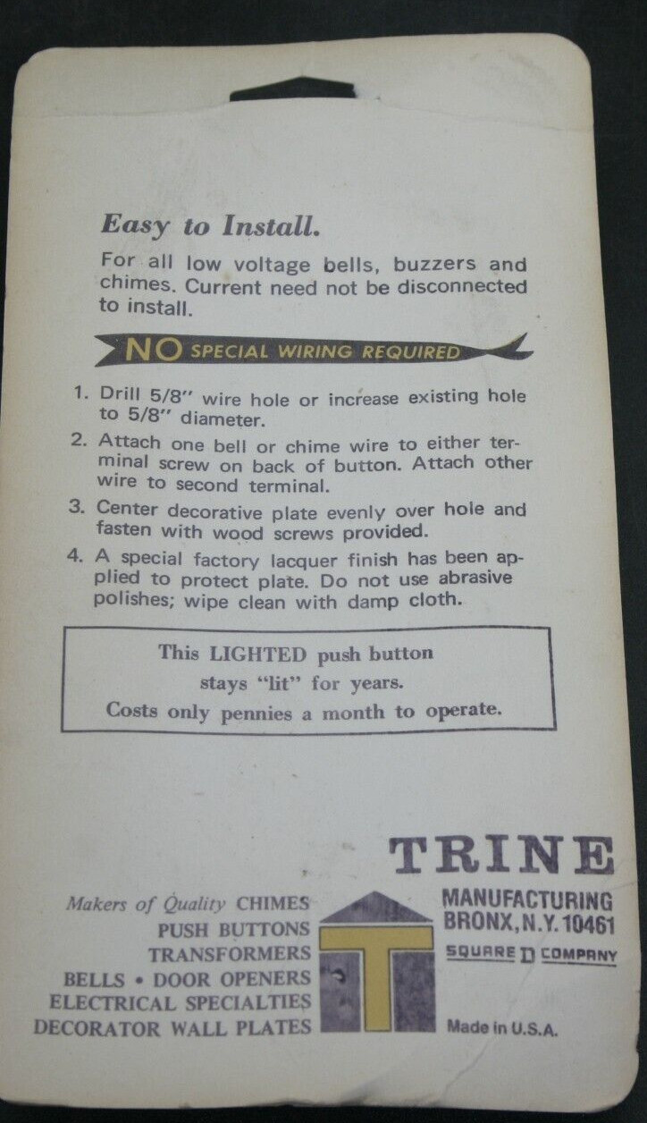 Vintage Trine Lighted Push Button Doorbell 890 French Traditional Style w/Screws