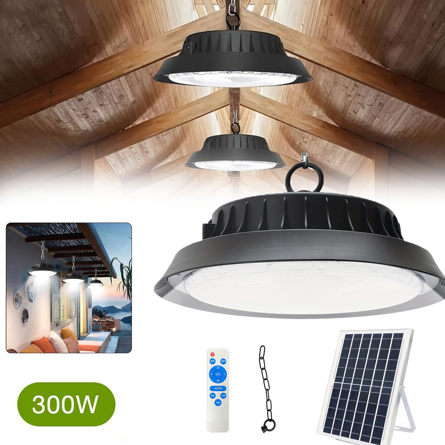300W LED Solar Power Pendant Lights Garage Shop Lamp For Shed Barn Gazebo Yard