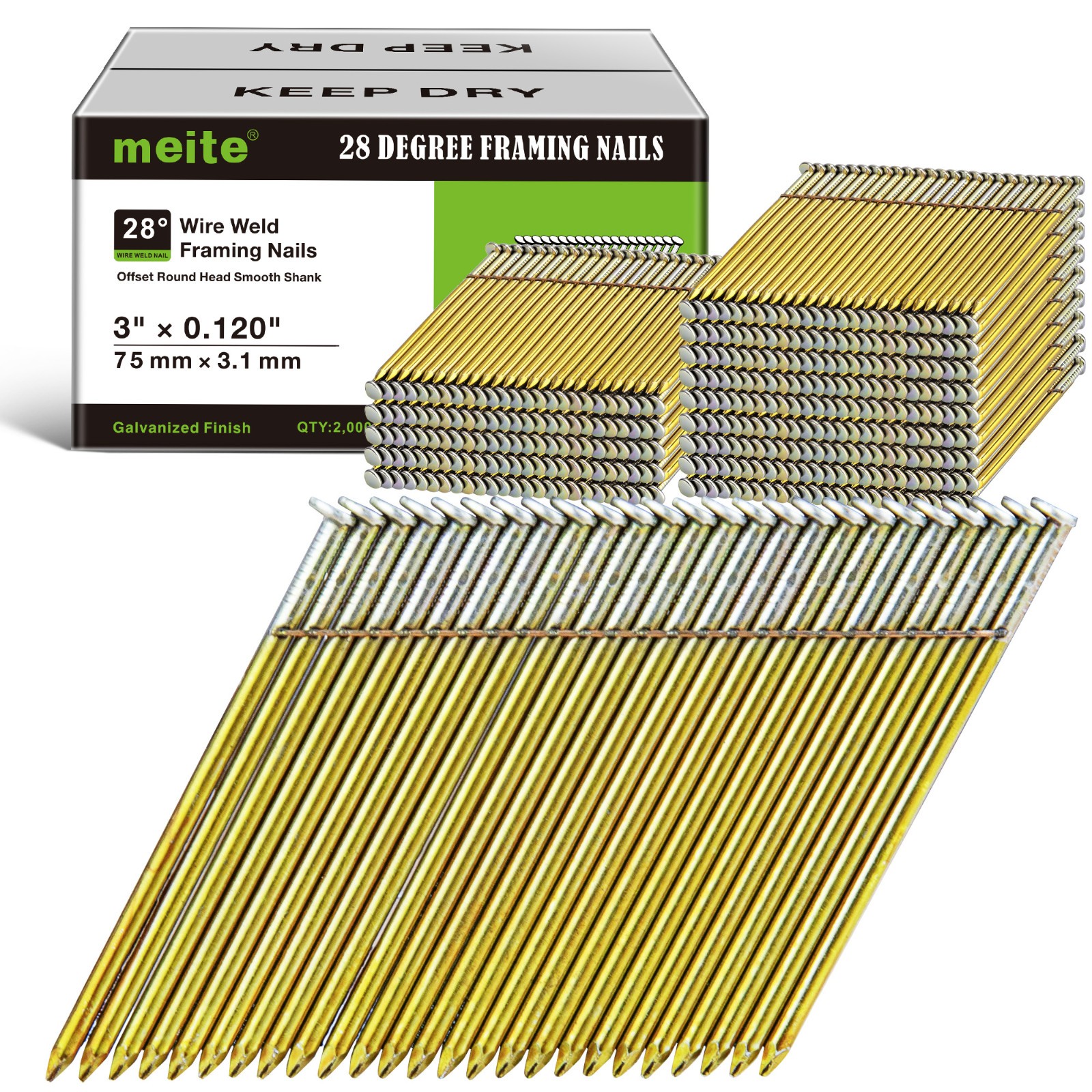 2000 Ct meite 28 Degree Framing Nails 3″ Length Galvanized Wire Weld Smooth