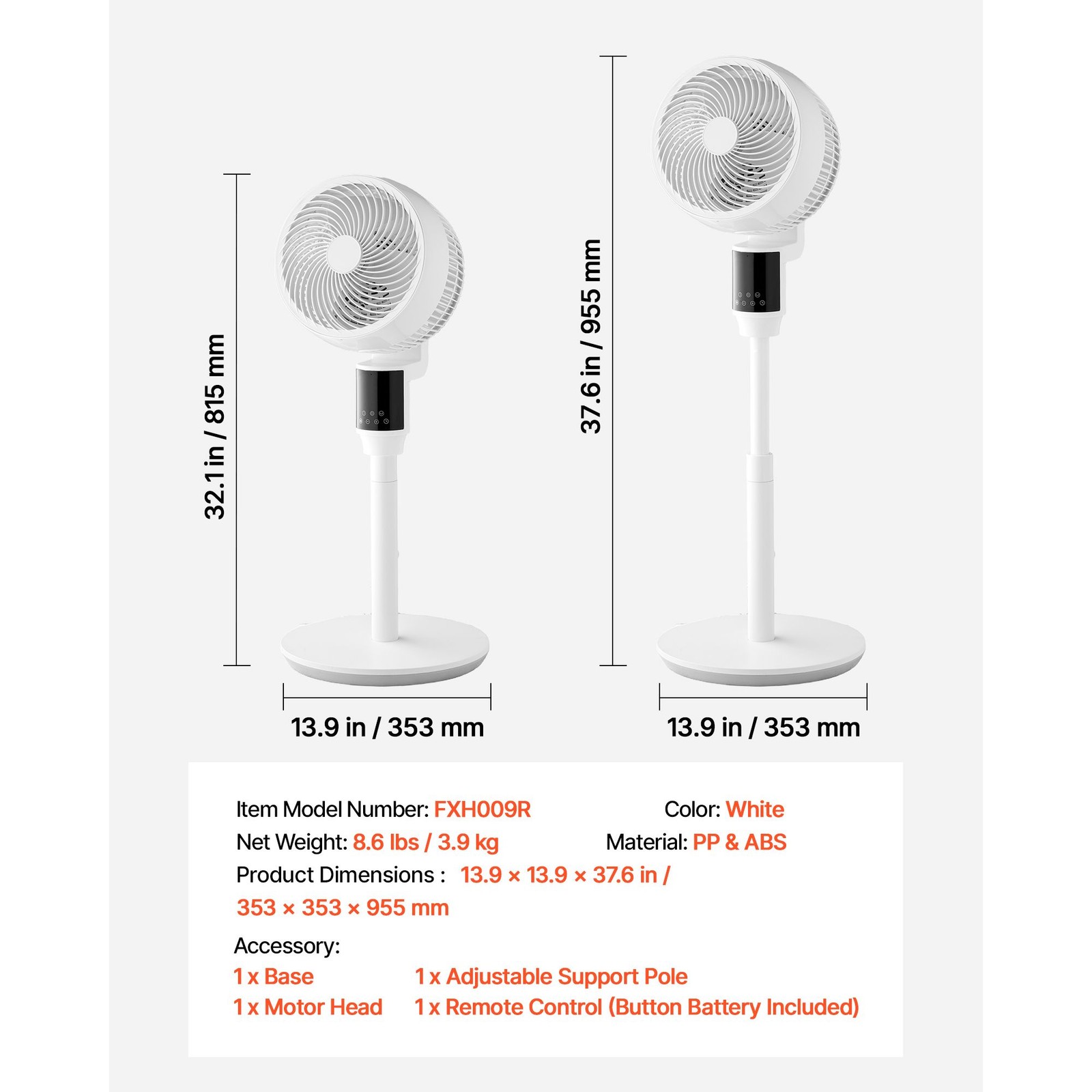 9in Standing Fan: 80° Oscillation, 9 Speeds, Remote, Timer, 30 dB Quiet