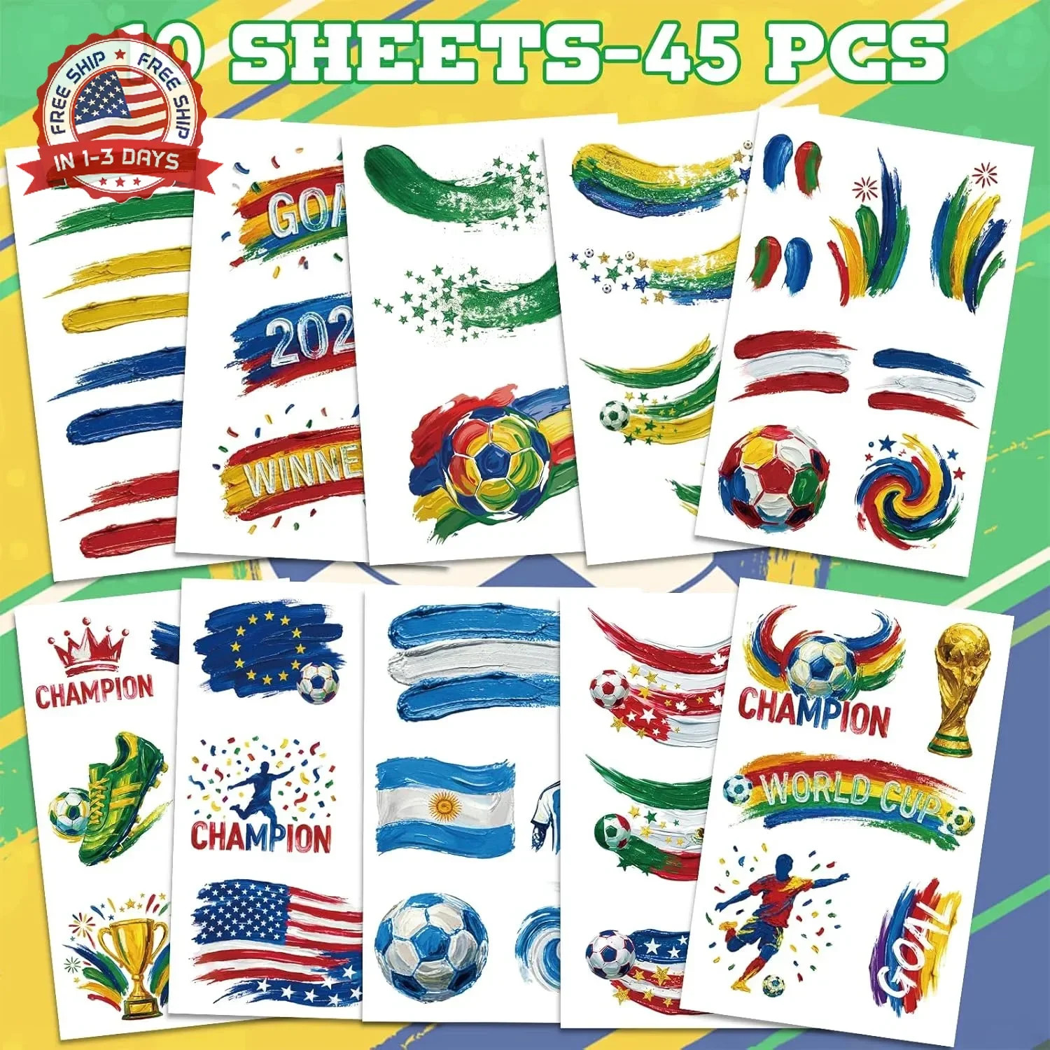 45 Pcs Soccer Tattoos for Kids, Teens, Adults – World Cup 2026 Merchandise, Worl