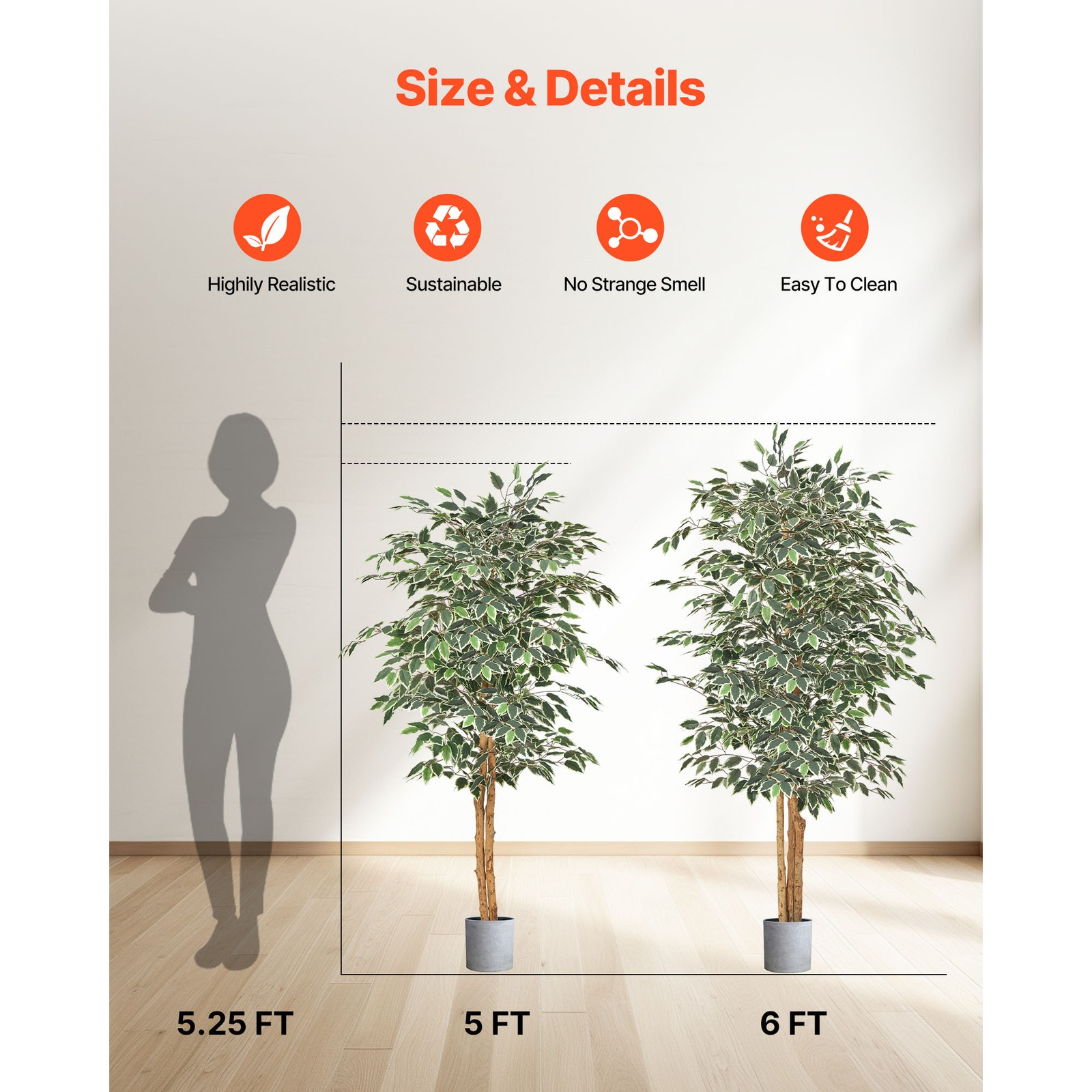Uimoso 5FT Artificial Ficus Tree Tall Faux Plant with Black Pot for Indoor Decor