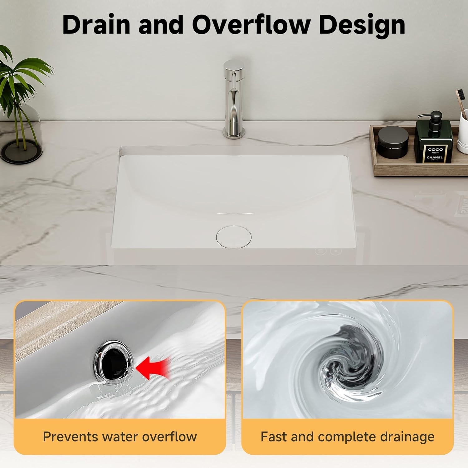 Rectangle Undermount Bathroom Sink, 20” x 14” White Ceramic Under Mount Sink