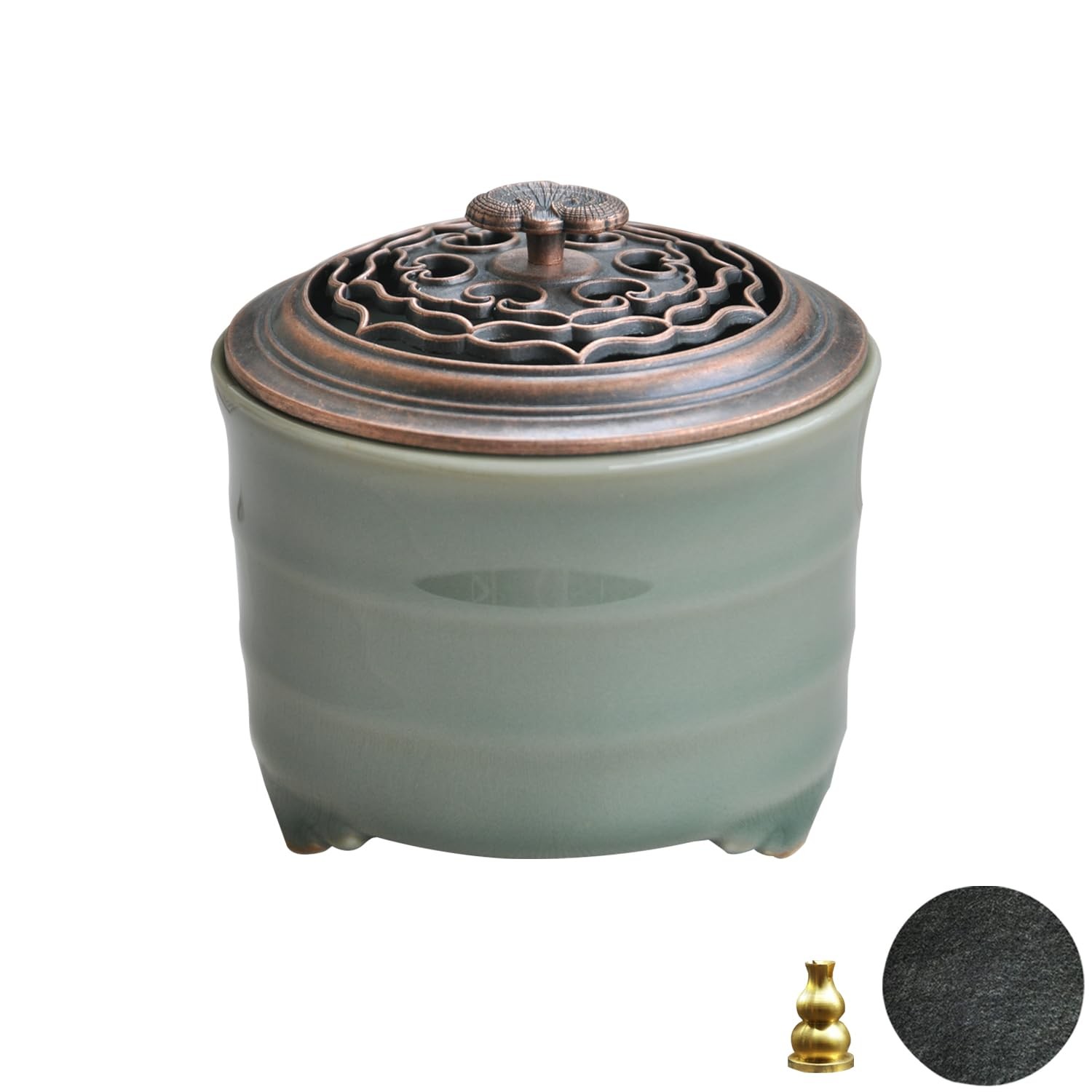 Incense Burner Ceramic Green Cone Coil Powder Holder Lid Ash Catcher 3.12in