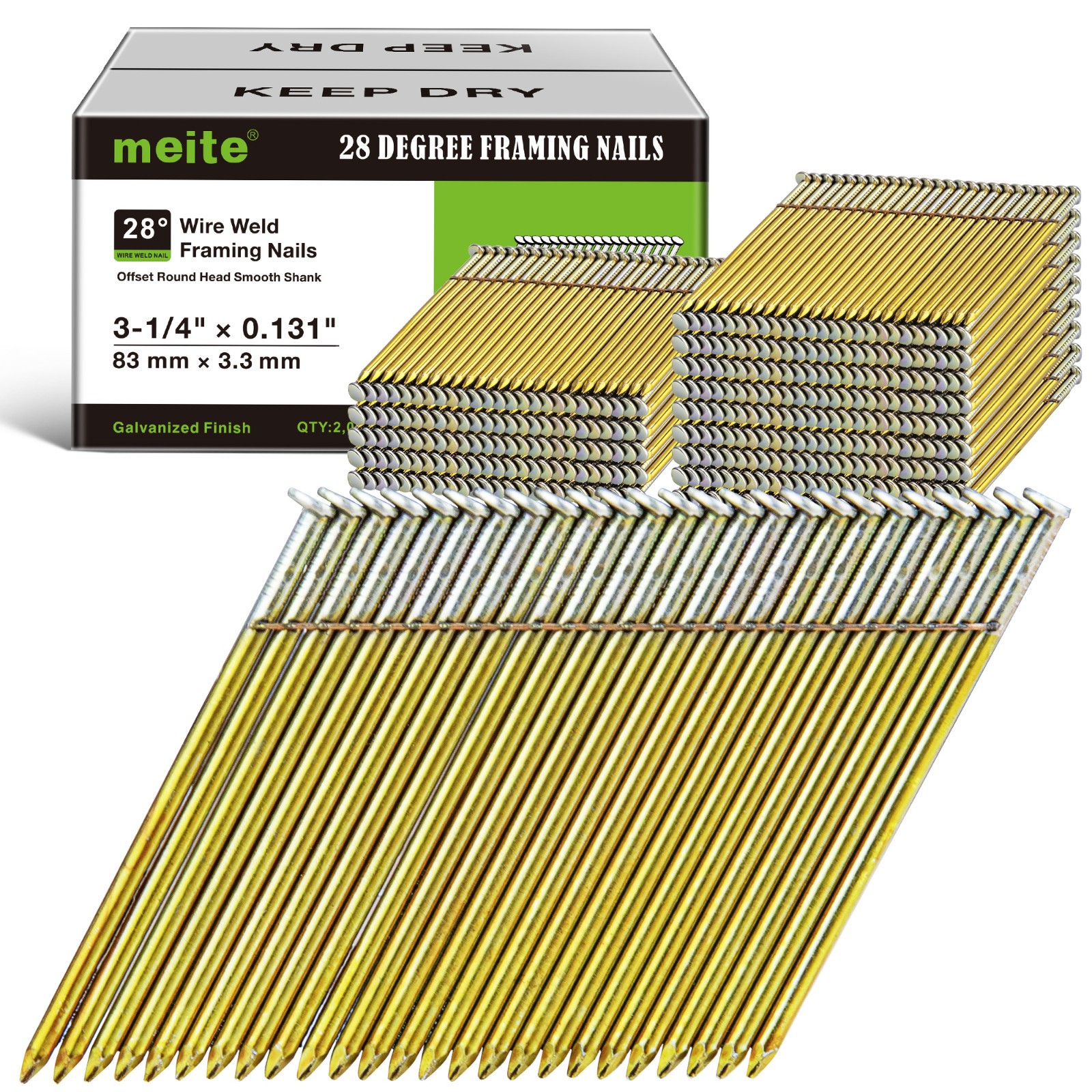 meite 28-Degree Wire Strips Framing Nails 2″ to 3-1/4″ Smooth/Ring Shank Round