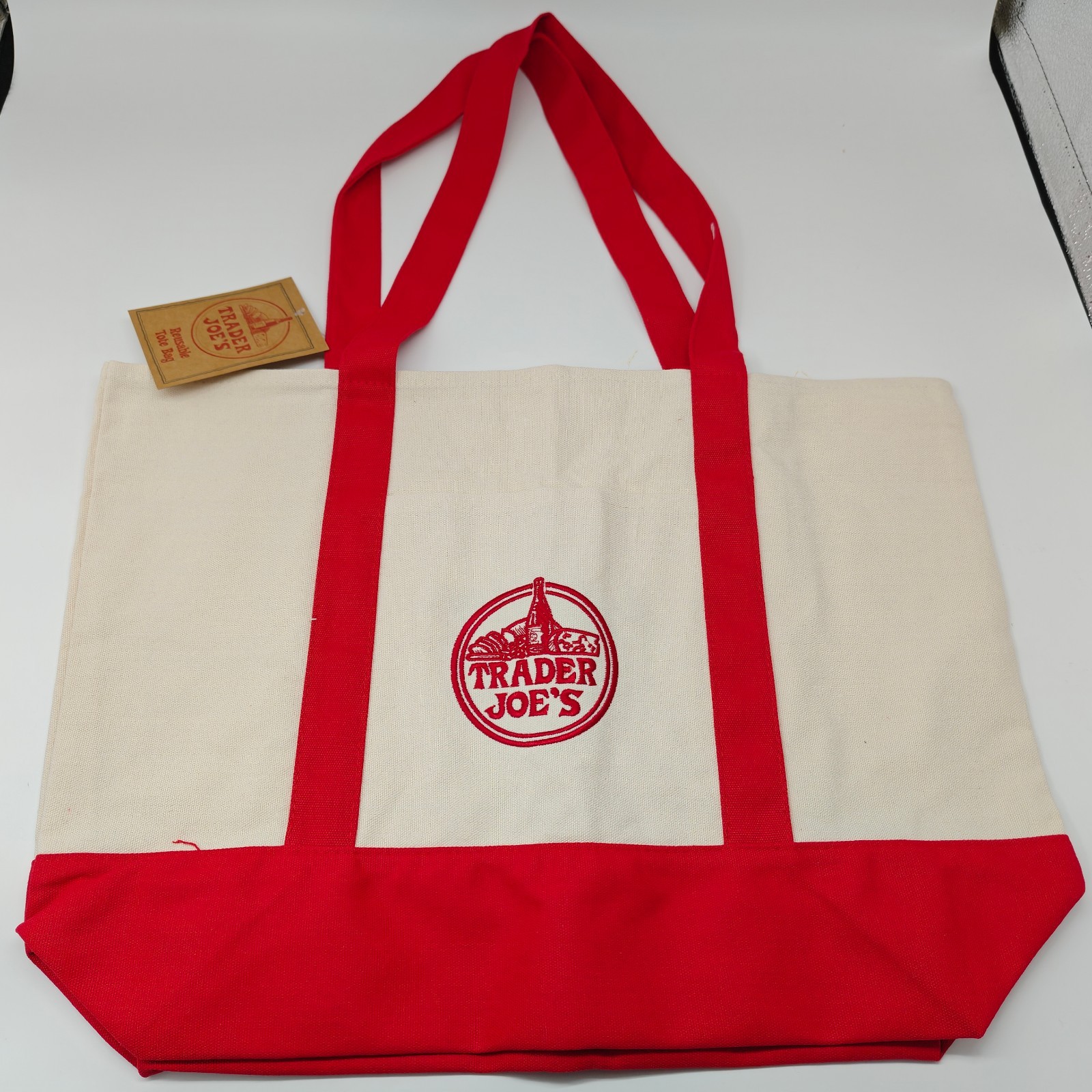 TRADER JOE’S LARGE CANVAS BAG HEAVY COTTON REUSABLE SHOPPING BAG LARGE RED US