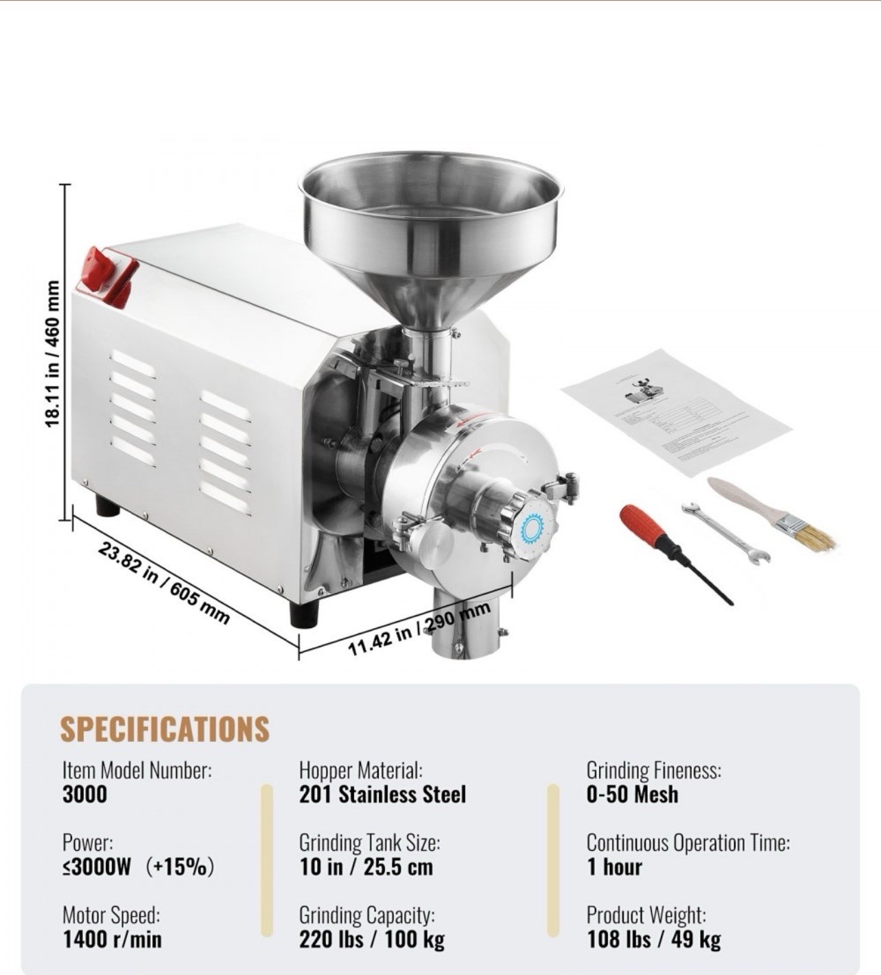 VEVOR 3000W 110V Stainless Steel Grain Mill Grinder w/ Hopper Model 3000
