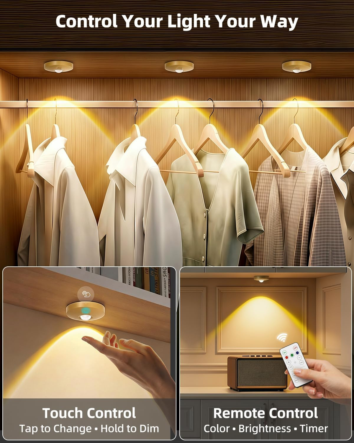 Rechargeable Puck Lights, 6-Pack LED Tap Lights with Remote, 1500mAh Battery, Di