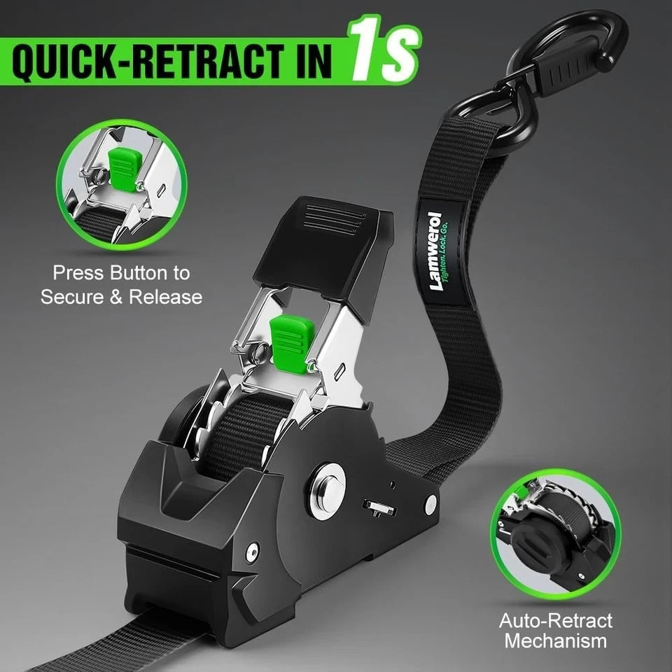 Rhino USA Retractable Ratchet Straps (4-Pack) – 1 Inch x 10 Feet (1,650lb Break