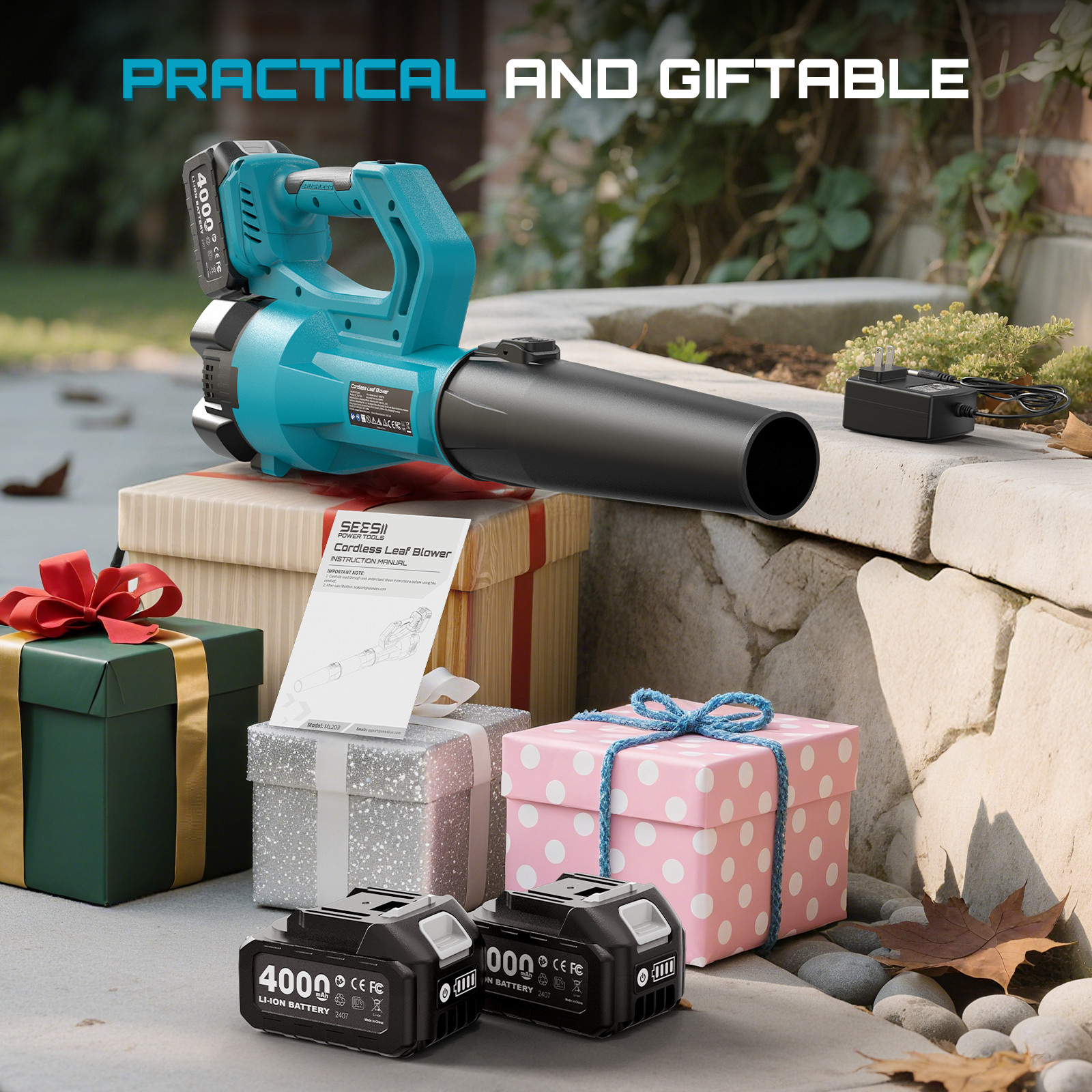 Seesii 21V Cordless Battery Powered Leaf Blower 400MPH 780CFM 2x 4000mAh Battery