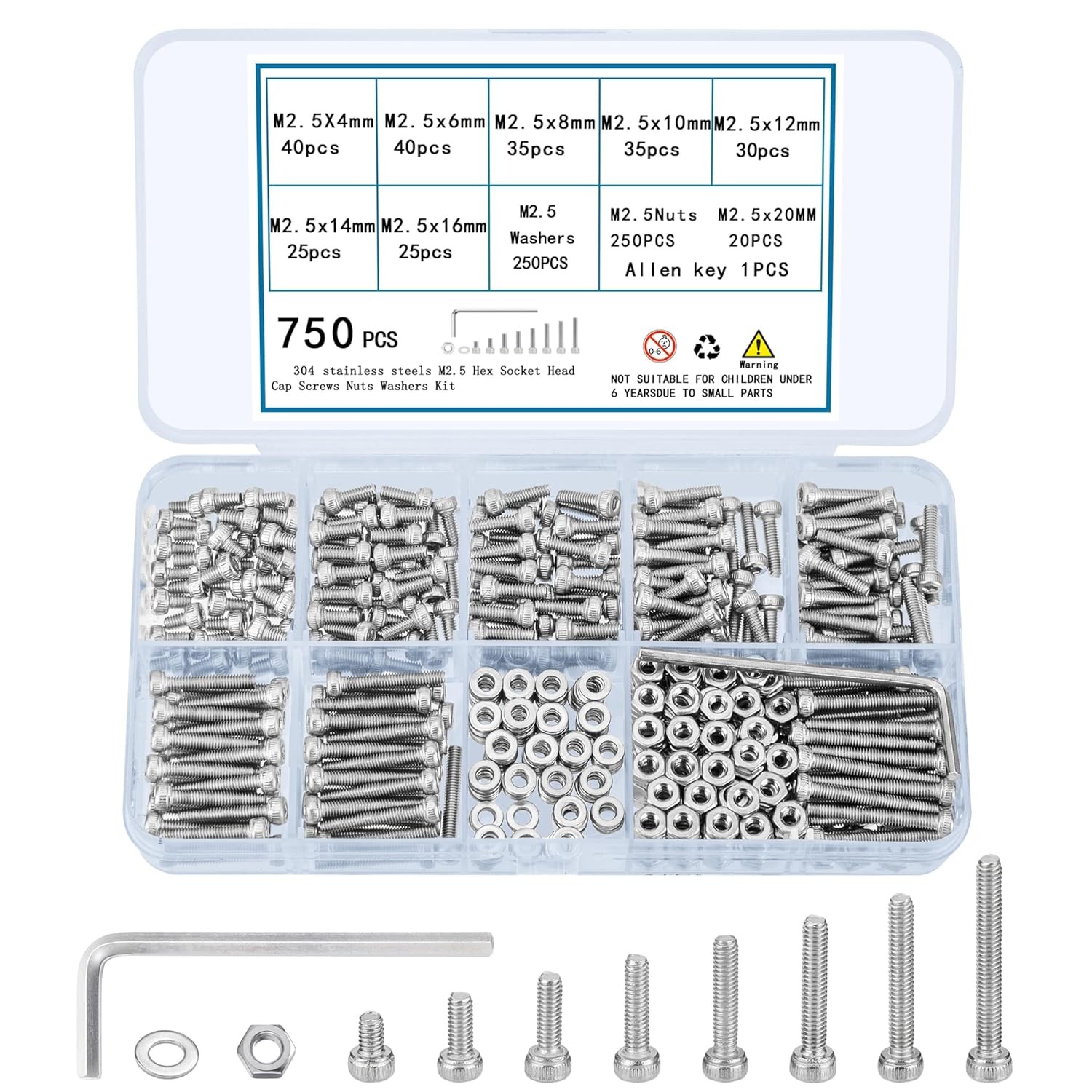 750 Pcs M2.5 Screws, Nuts and Washers Set – Metric Hex Socket Head Cap
