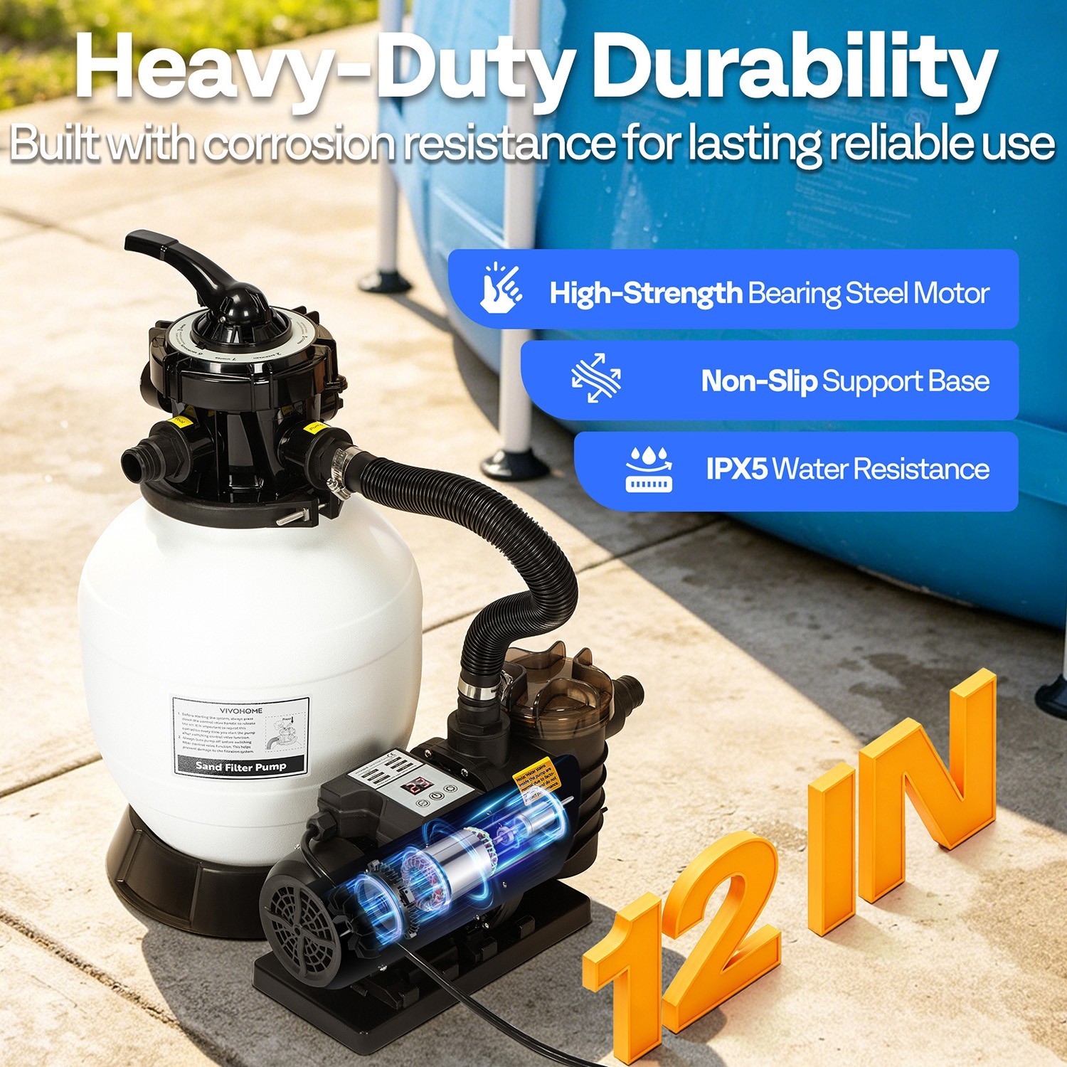 12/13in Sand Filter Pump In/Above Ground Pool System 7-Way w/ Timer 2087/2640GPH