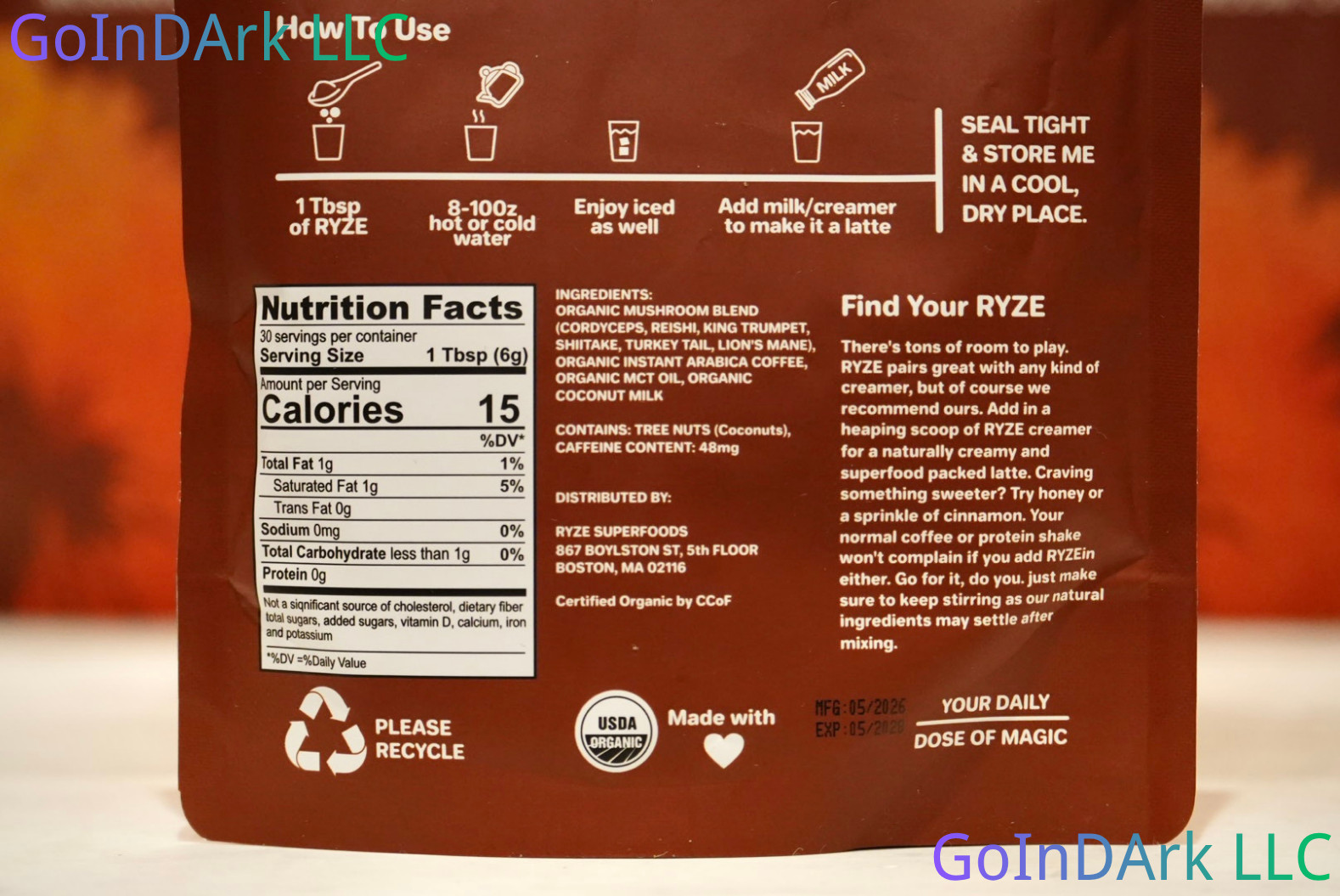 NEW 2PC+ Organic Ryze Mushroom Coffee, 30 Servings/Bag, Instant, Free Shipping