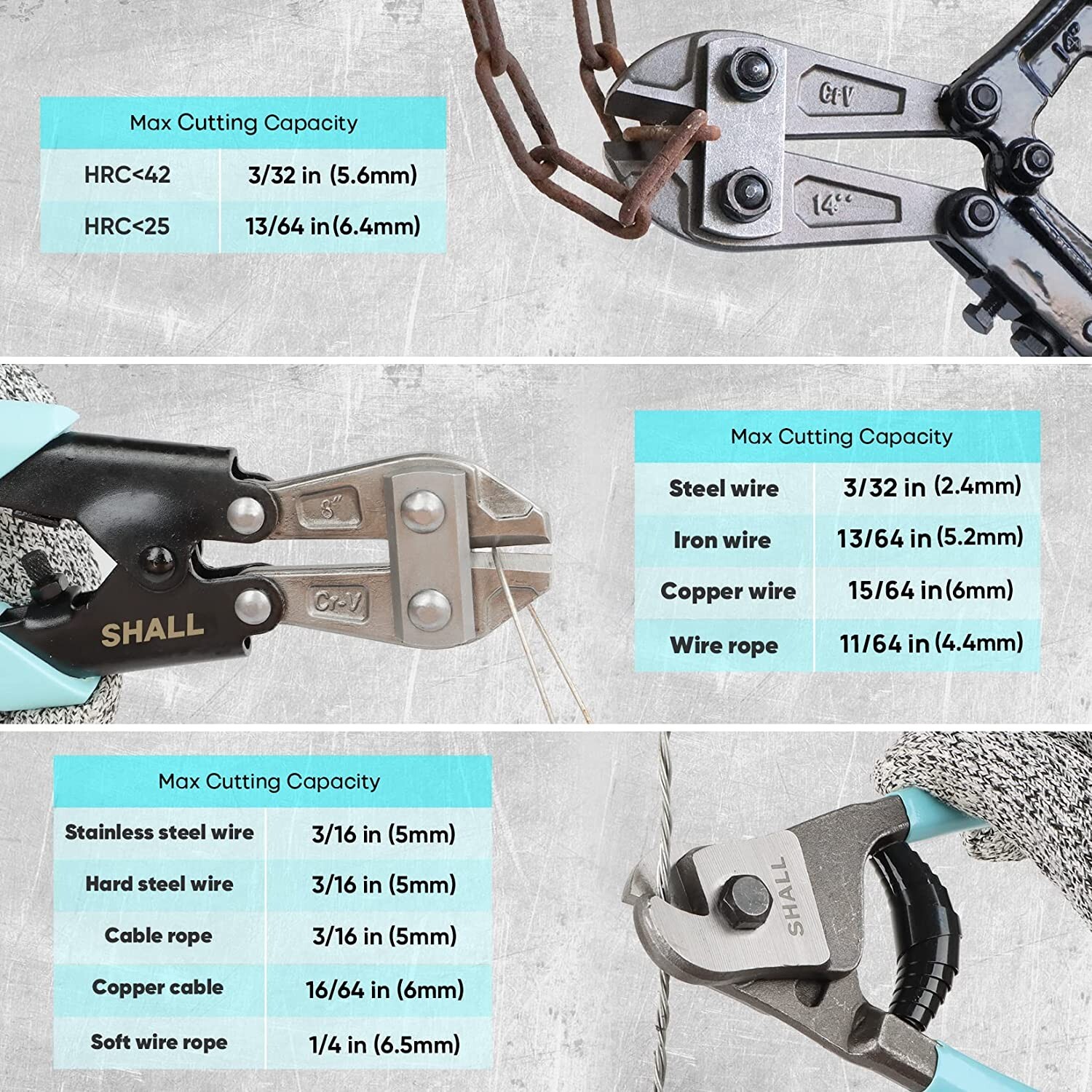 3 PCS Bolt Cutters,14″ Heavy Duty Bolt Cutter,8″ Bolt Cutter & Wire Rope Cutter