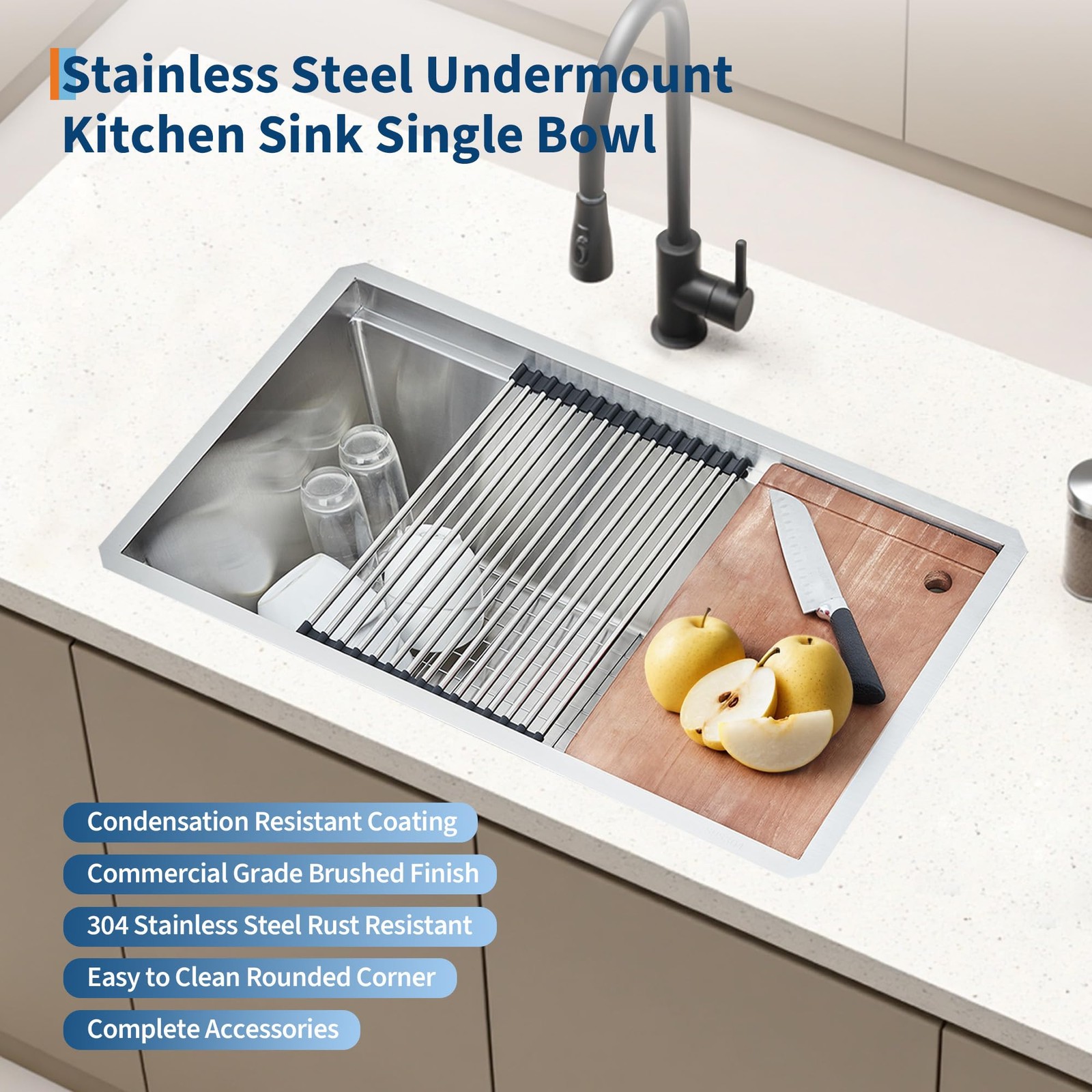 Sleek Kitchen Sink Undermount Single Bowl Stainless Steel 30 In w/ Grid Strainer